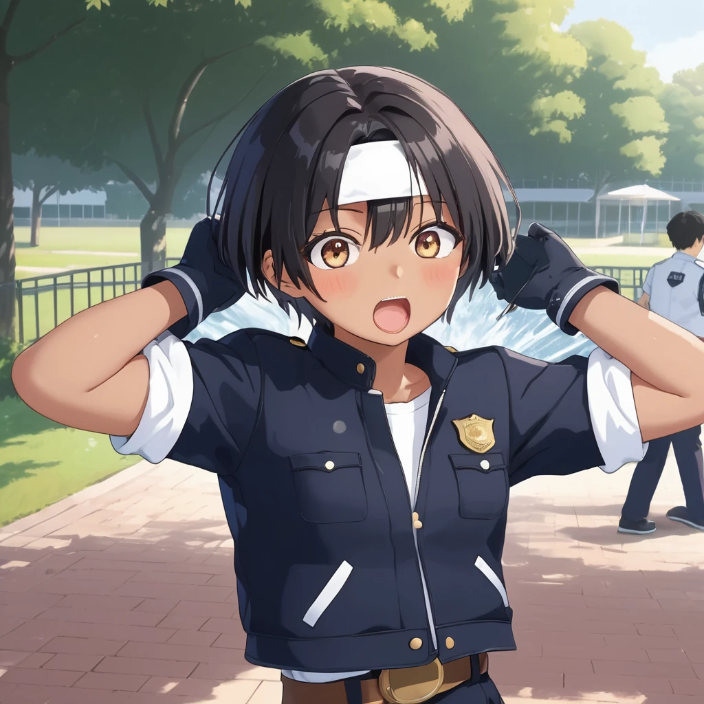 Anime characters wearing police uniforms and police hats,  cute girl anime visual ,   Anime Moe Art Style , smooth anime cg art, Nagatoro , Anime CGI Style, Young woman anime visual,  Kitagawa Marin fan art , With index finger, JK uniform, shuushuu anime image, Official anime stills,  Today's featured anime still  