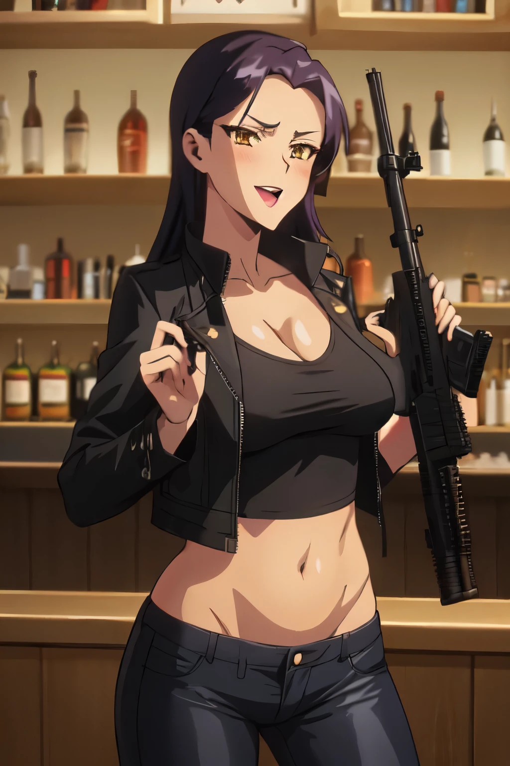 (safe:1.10), best quality, masterpiece, highres, solo, , anime_style, 21 , black hair, long hair, blush, lipstick, Hot girl, baddie, staring, glaring, bad attitude, mean girl, crazy, smoking, sensual, attractive, bar background, inside bar, masterpiece, best quality, highly detailed, a girls with a gun, evil smile , open mouth, sexy gaze, badass
pose , evil smile, smile, (nsfw) not safe for work, guns blazing, anime girl with long hair, beautiful long
haired girl, navel, evil expression, exposed belly, exposed navel, exposed midriff, exposed lower belly,
long black pants, crop top, cleavage, unbuttoned leather pants ,open fly, low rise black leather pants,
leather jacket, holding a gun, holding pistol,