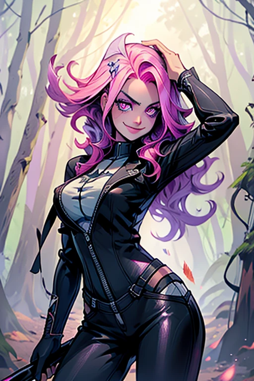 Perfect face. Perfect hands. A pink haired woman with violet eyes with an hourglass figure in a leather jumpsuit is leaning  forward with her scythe with a big smile in a creepy forest