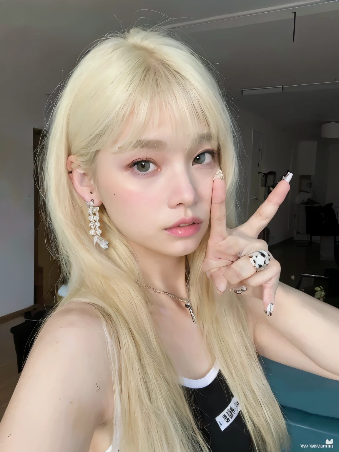  blonde with long hair and piercings making a peace sign, Lalisa Manobal, long white hair and bangs, white fringe, white hime cut hairstyle, Lalisa Manoban do Blackpink, Parque Roseanne do Blackpink, very very pale blond hair, ulzzang, extremely pale blond hair,  with long white hair, with full bangs, with long white hair