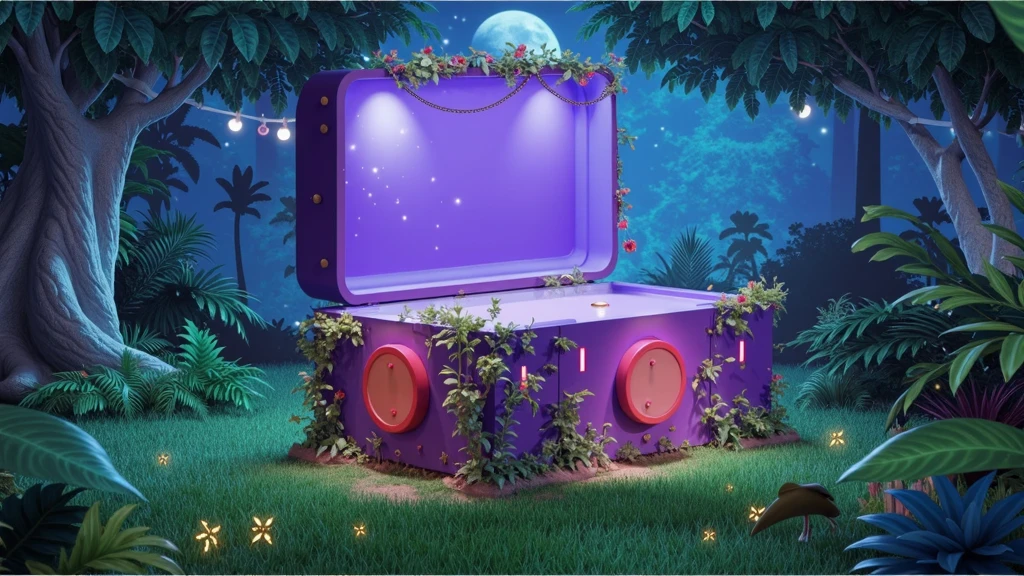 The poster of a Disney Pixar film in 3D in high resolution and high quality creates a forest environment where there is an open grassy area around trees and plants typical of the Brazilian Amazon and in the center as if it were a forgotten archaeological discovery full of vegetation taking over its surface like the pop art style decoration with its own lighting and the illumination of the moon and stars and fireflies an enchanted music box, it has a modern and ish style, out of its time the lid has a bottom illuminated white to insert a logo later, which would be the guardian of the forest's dream, it appears centralized and is in an open field in the middle of the forest, the image must be playful and with an enchanted appearance similar to a Disney film poster