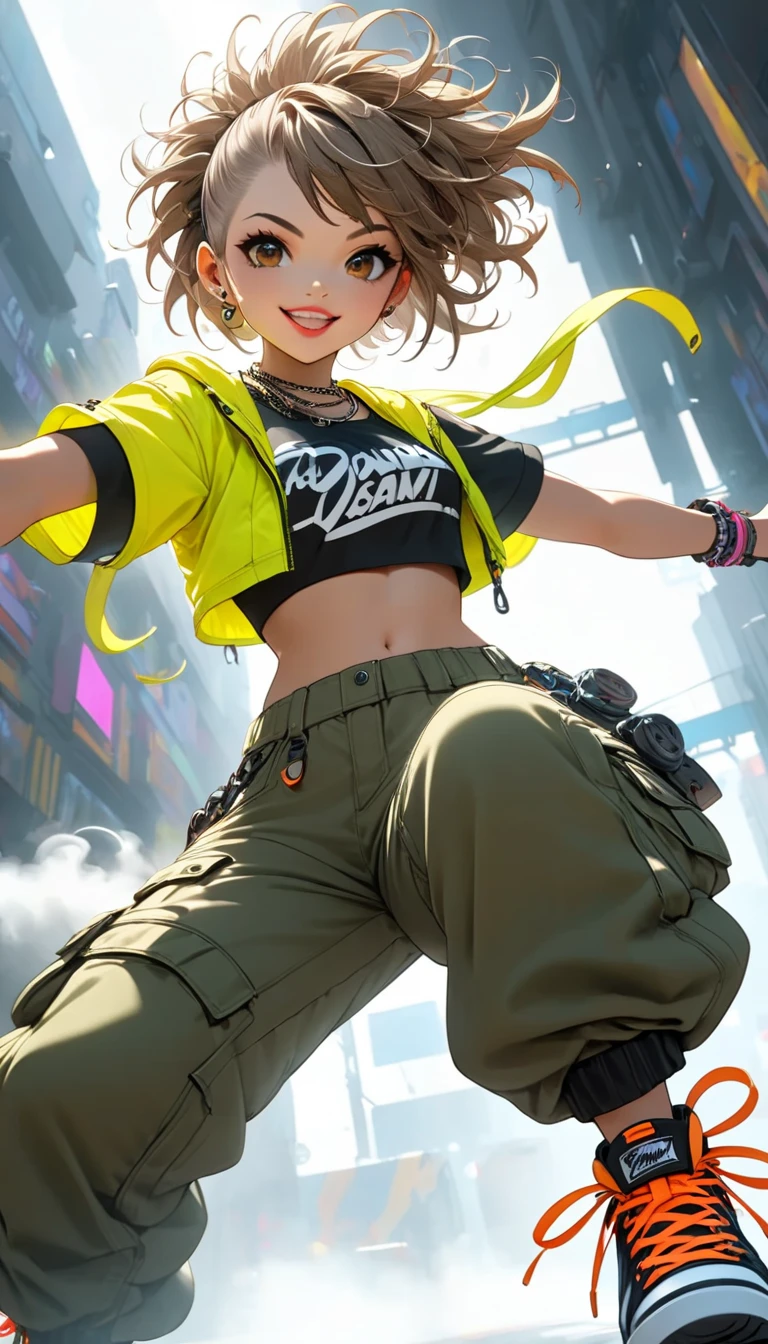 (masterpiece, best quality:1.2), A cute lady, solo, virtual idol of breakin dancer, power movements, strenuous movements, Dynamic Motion Blur, cyberpunk, bright smile, lips apart, (punk color short hair, Fluttering hair, brown eyes), (crop top, cargo pants, sneakers), atmosphere full of steam, low angle from below, professional lighting, Dynamic action scenes