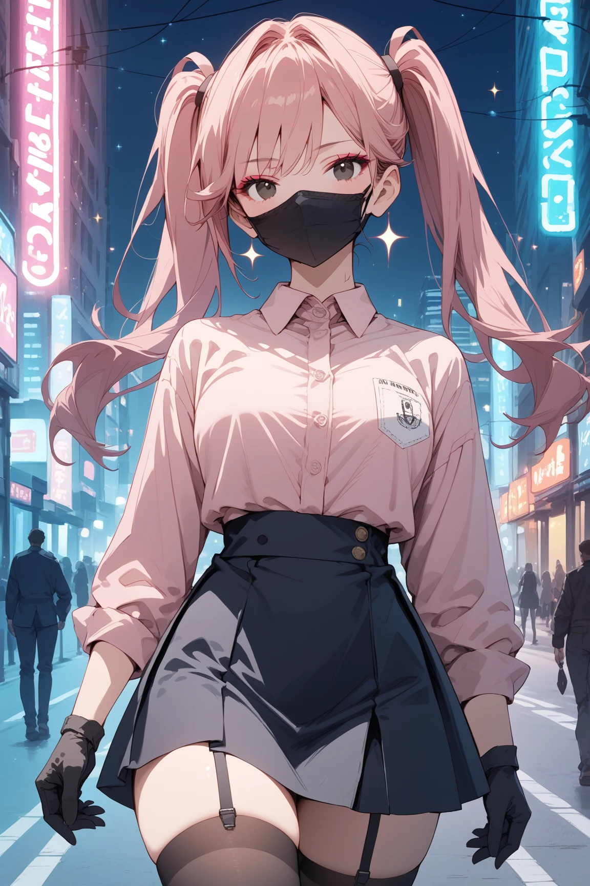 (score_9, score_8_up, score_7_up), source_anime,neon,1girl,solo,black eyes,eyeshadow,mouth mask,pink hair,long hair,twintails,collared shirt,pink shirt,black gloves,black skirt,black thighhighs,expressionless,blush,looking at viewer,cowboy shot,standing,outdoors,city,night,street,neon lights,neon trim,sparkle,