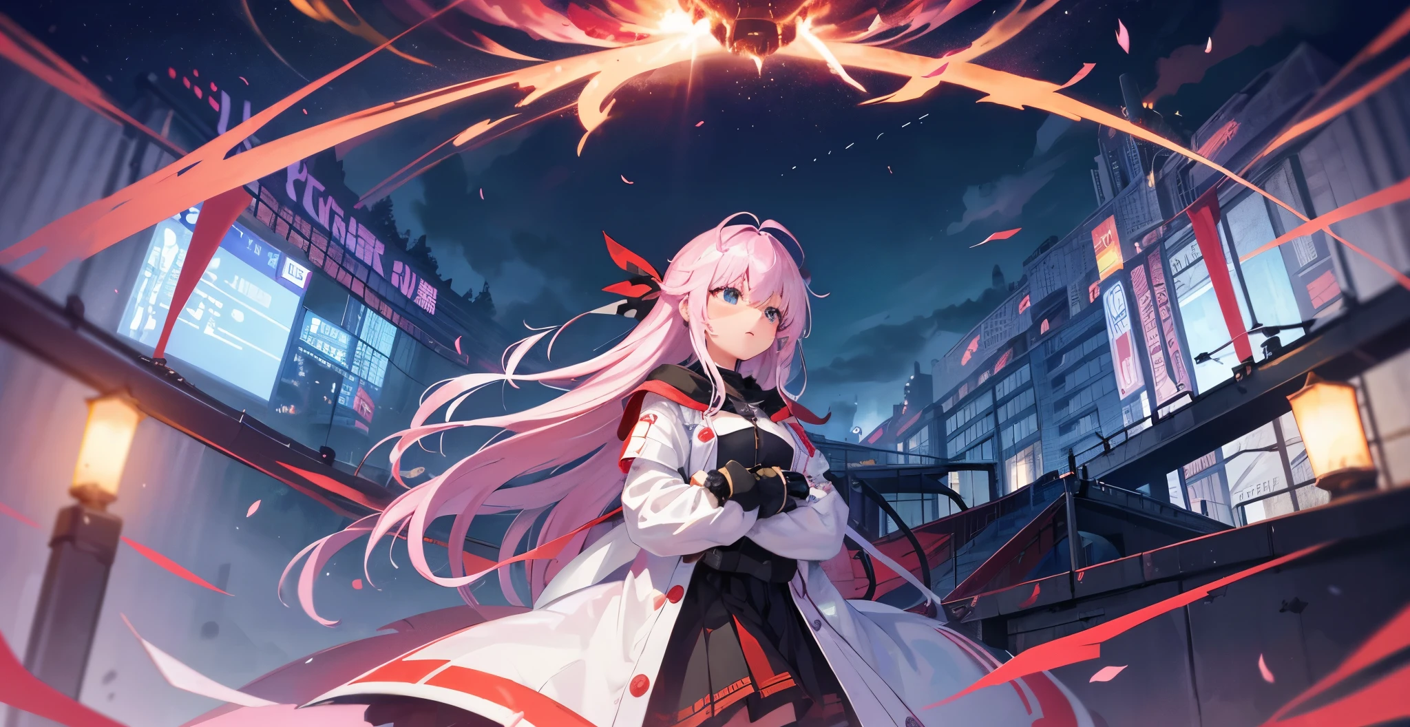 1girl, white hair, bangs, blunt bangs, vampire, frilled skirt, red windbreaker, modern windbreaker, modern, modern outfit, jacket, hood down, pointy ears, looking at viewer, smirk, solo, amused expression, smug, thigh-highs, red eyes, full body, anime, (((modern day))), UHD, best quality, new york city, night time