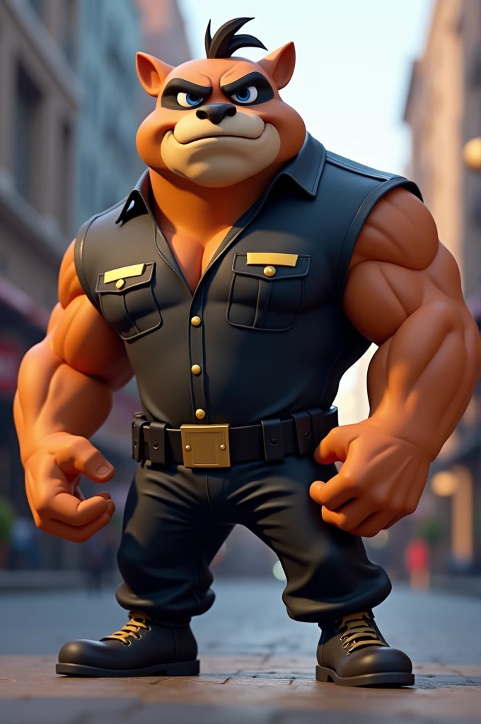 Animated security guard with lenses black pants with khaki stripes