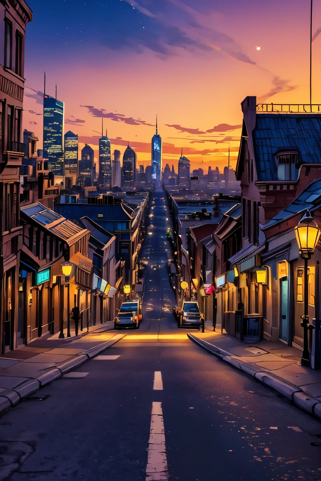 a view of a city street, beautiful cityscape, beautiful city, amazing wallpaper, beautiful iphone wallpaper, city twilight landscape, dusk on a city street, city street at dusk, phone wallpaper hd, twilight in the city, city sunset night, street city night, beautiful wallpaper, city sunset, city streets,