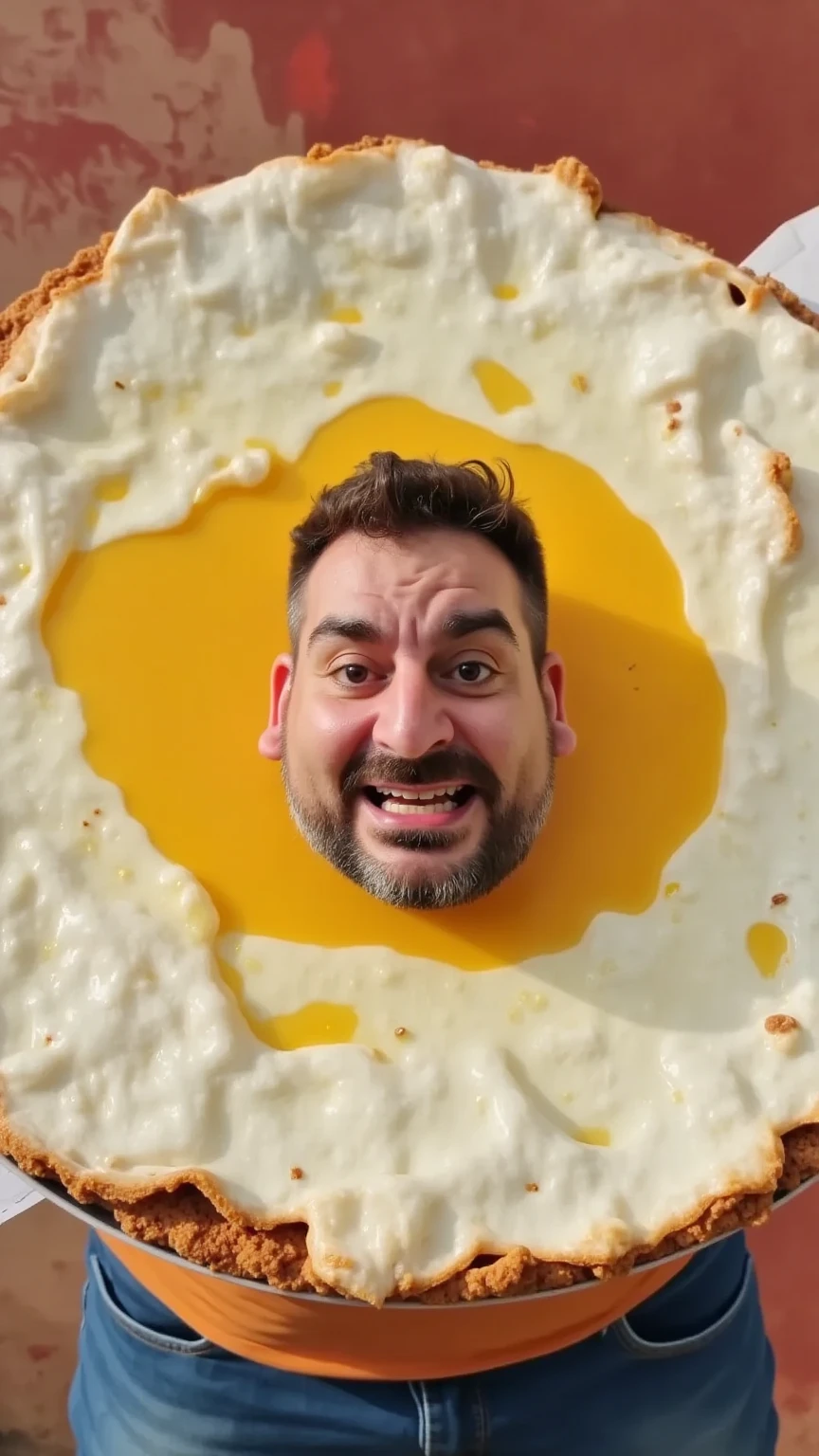 A hyper-realistic, cinematic cartoon-style scene of a giant fried egg on a giant plate. In the middle of the egg yolk, a man is joyfully bathing in the yolk, savoring the flavor with yolk dripping down his head and face. The scene is playful and humorous, capturing intricate textures of the egg white and yolk, with vibrant lighting and exaggerated expressions.