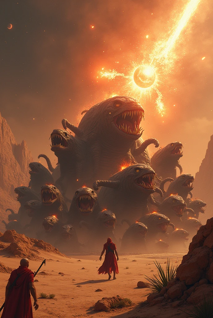 wide-shot, action, massive scale Fighting Pose, photo of (TwinRealms:1), (TentacleBeast:1) Unfathomable unearthly Invasion by ungodly creations from beyond the outer limits of heavens broken threshold