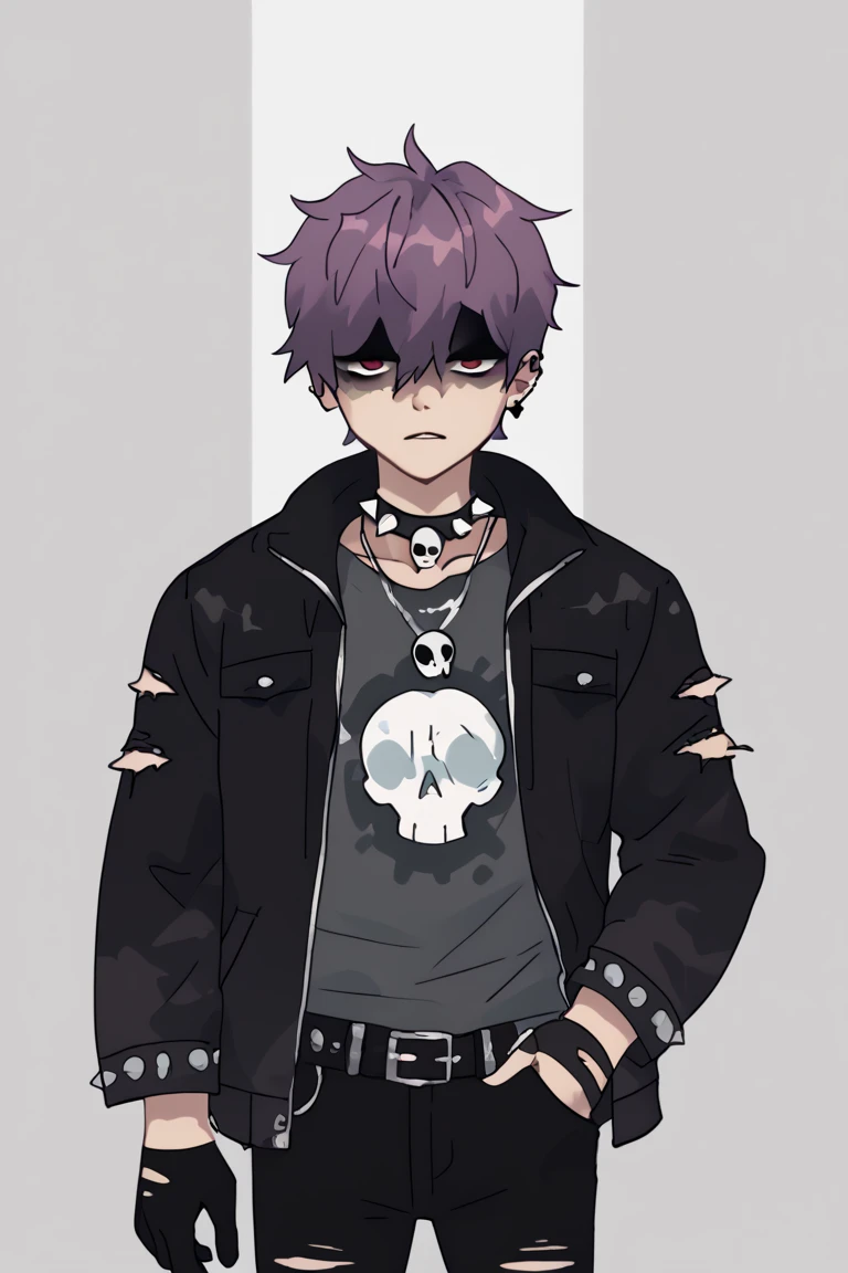 1boy, solo, melted clothes, pale, despondent, gloomy, white and purple hair, skull pendant, emo, shaded face, red eyes, spiked necklace, gloves