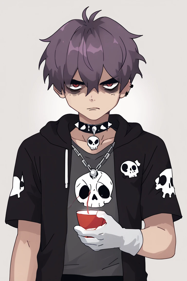 1boy, solo, melted clothes, pale, despondent, gloomy, white and purple hair, skull pendant, emo, shaded face, red eyes, spiked necklace, gloves