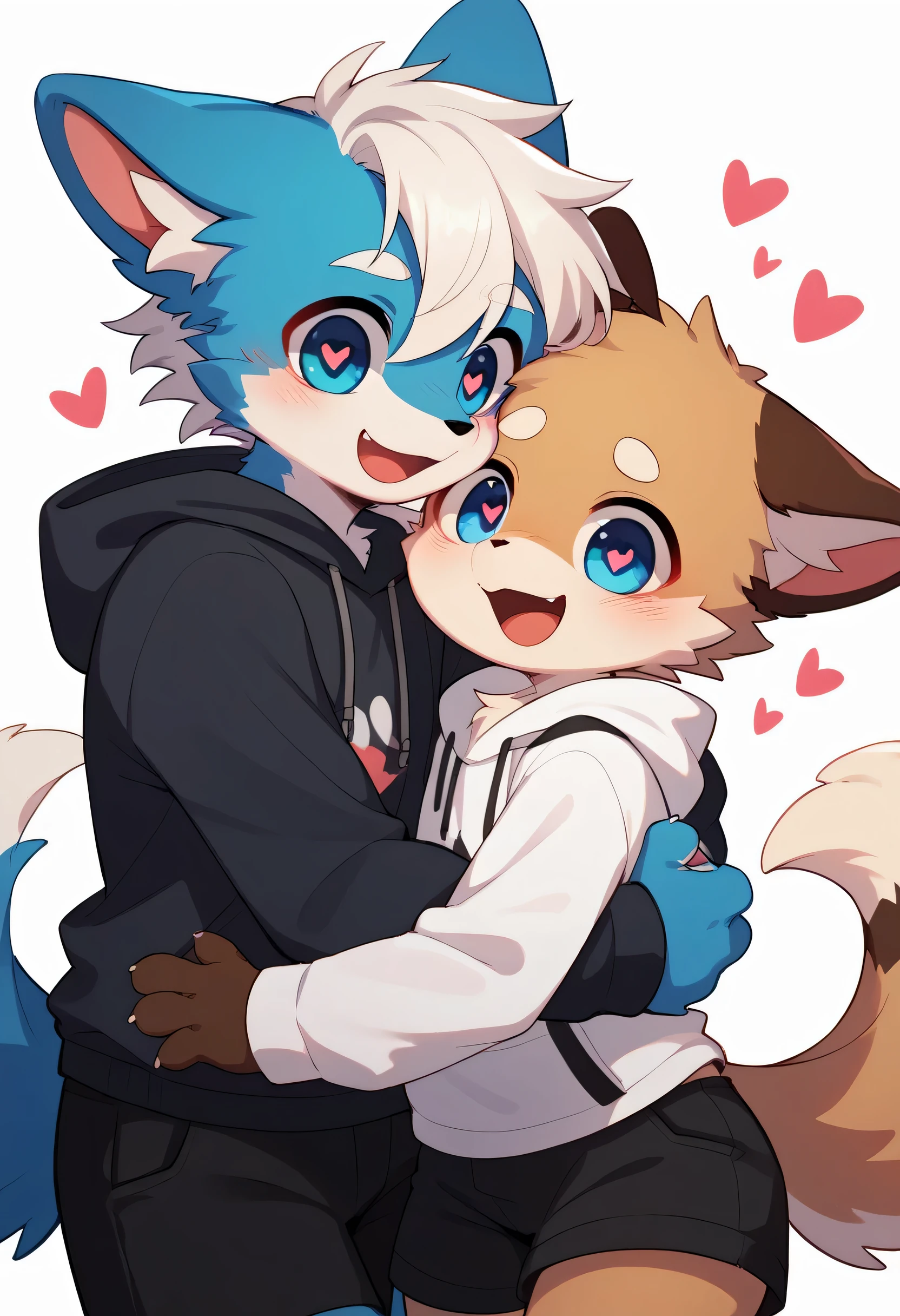  very detailedな, very detailed, white hair with brown fur ,Age 15,male, excited to see bones ,Excited,participate, cute face, fluffy fur like one,Horny boy, hugging a girl ,blue cute ears ,Fluffy Ears ,Fluffy Ears , cute fur boy , boy, heart eyes,Horny boy , black back ,White background, blush nose ,Droopy ears, black shorts, sweatshirt ,Black long sleeves,Trendy