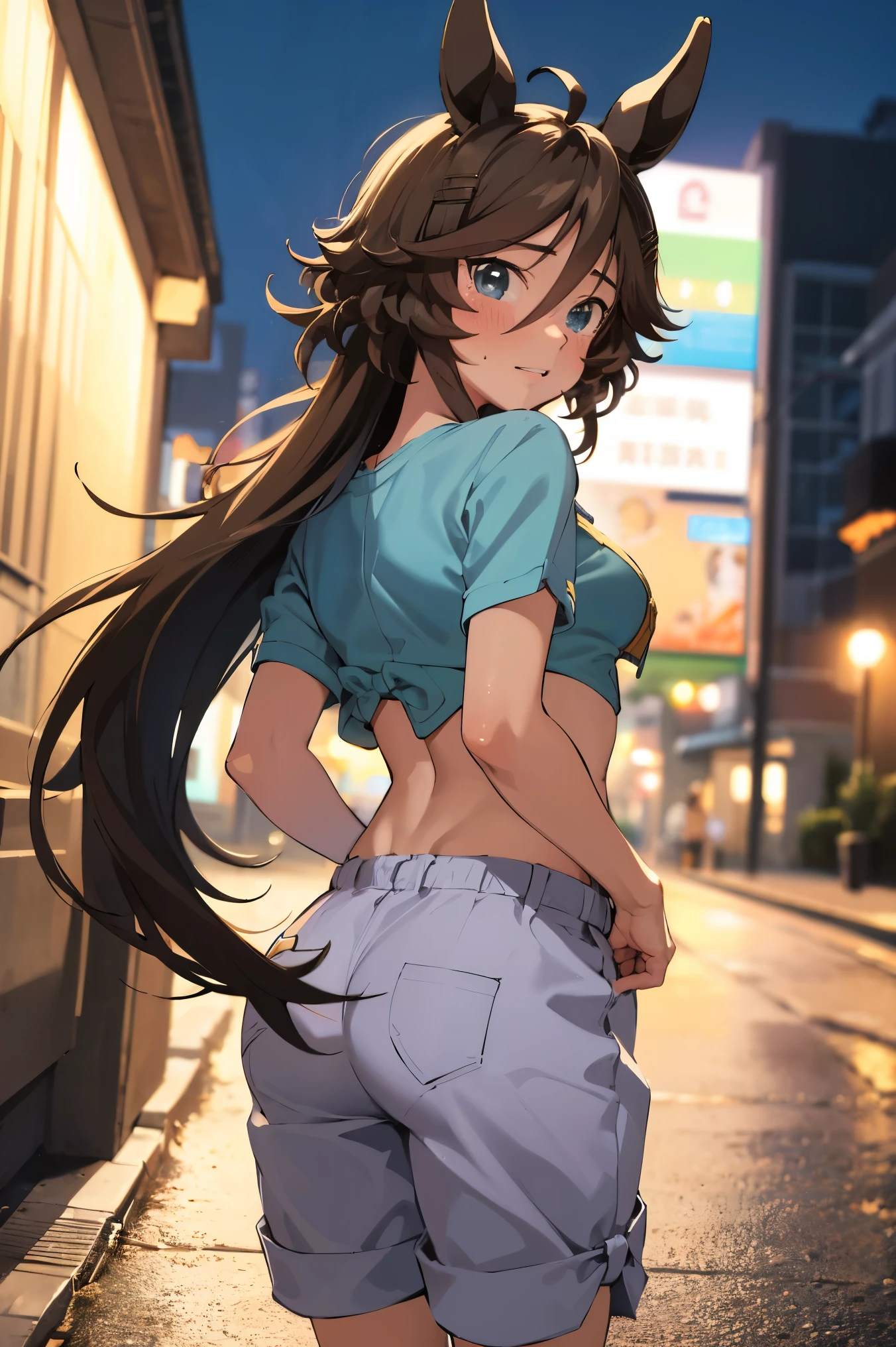 NSFW,masterpiece,Best Quality, Hi-Res, very detailed,mr. c.b. \(Uma Musume\),Embarrassed,blush, off-shoulder , Crop Top , shorts,Heeled Sandals,Nightlife,Back alley at night,Take off your pants