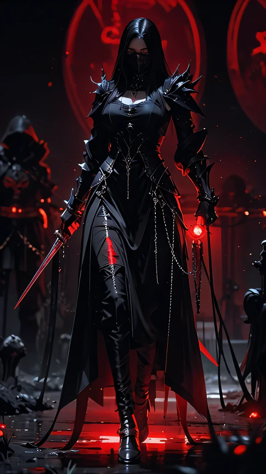 woman, ultra high details, armor, dark fantasy, grim background, bloom, assassin, red glowing eyes, dark environment, walking, bloody ground, chains,