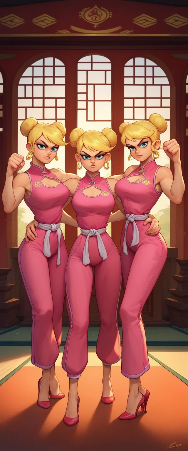 lola loud, 3girl, trio, 24yo girl, large breasts, pink cheongsam,  inside of a chinese temple, looking at viewer, blonde hair, two hair buns , hands  score_9, score_8_up, score_7_up, high heels, teep fighting stance,martial arts, triplets, long pants