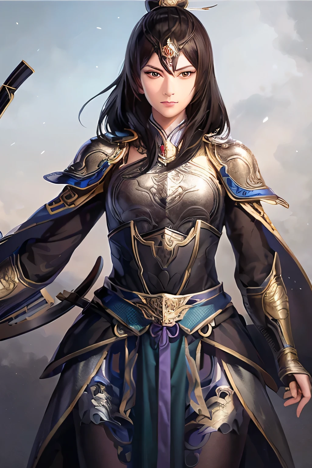 18 year old slim Chinese woman, slim middle aged woman,realistic,chinese_Armor,alone,Background of ancient chinese cities,detailed_eye,shoulder_Armor,(검은 eye),looking at viewer,(masterpiece:1.2), (best quality:1.2), perfect eye, perfect face, perfect lighting, (8K),(complete anatomy), Nee Shot