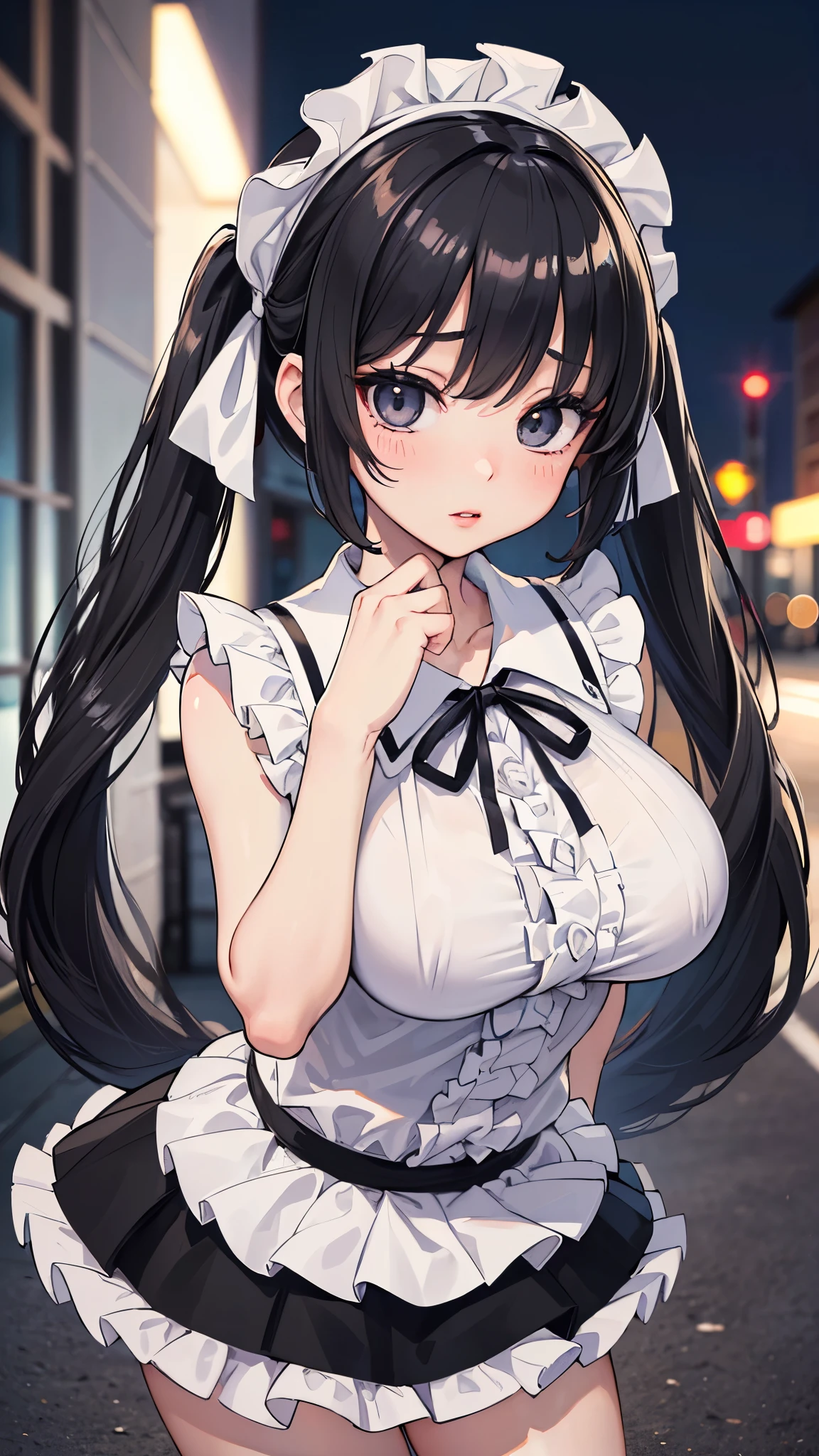 (Best Quality: 1.1), (Representative Works: 1.4), (Absurdity: 1.0), (Cute Illustrations: 1.4), Portrait, 1 Girl, (Complex Maid Dress: 1.4), Maid, Maid Headdress, Ridiculously Long Hair, Black Hair, Cyberpunk City, Neon Street, (Blush: 1.2), Watch Viewer, Big Breasts, Bell Color, Bright Smile, (Directional Lighting: 1.2), Detailed soft shadows, dynamic poses, dynamic angles, beautiful landscapes like photos, sexy poses
