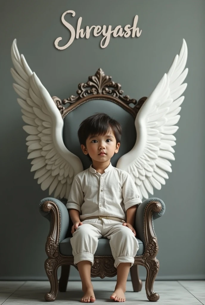 Baby boy with black t-shirt and necklace like a fairy face smooth skin pink lips white hair perfect body and dark smoke background and have a big wings of an angel
Setting in the chair 
