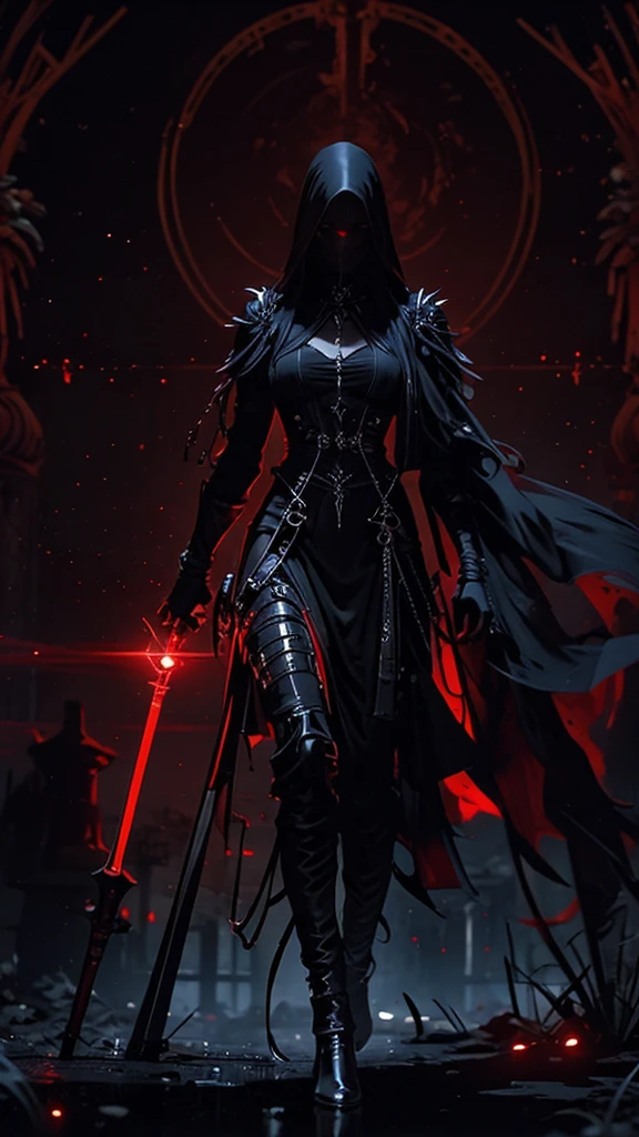 woman, ultra high details, dark fantasy, grim background, bloom, assassin, red glowing eyes, dark environment, walking, bloody ground, sharp chains,