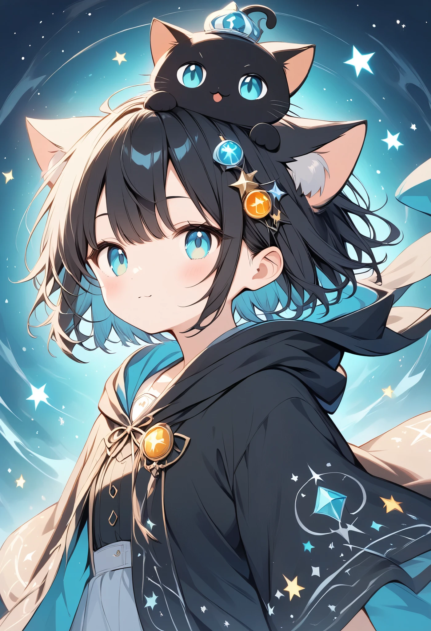  thin and soft painting style、Black cat girl 、Black Hair、Cat ears、 short hair、Aquamarine Eyes、black hooded robe 、 with a black cat on the head、cute、Black Cat Wizard 