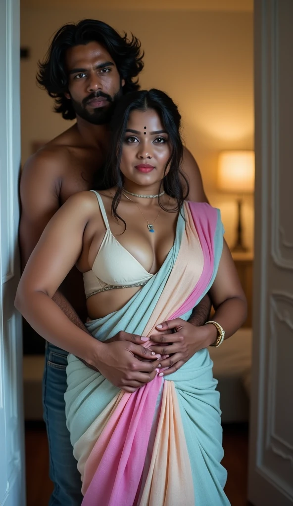 a 50-year-old shirtless man affectionately hugging and kissing aradiant, full-figured South Indian plus-sized 30 year old teacher wearing a pink silky saree in dressing room, captured in a full-body image with vibrant hues and meticulous details. Full body image