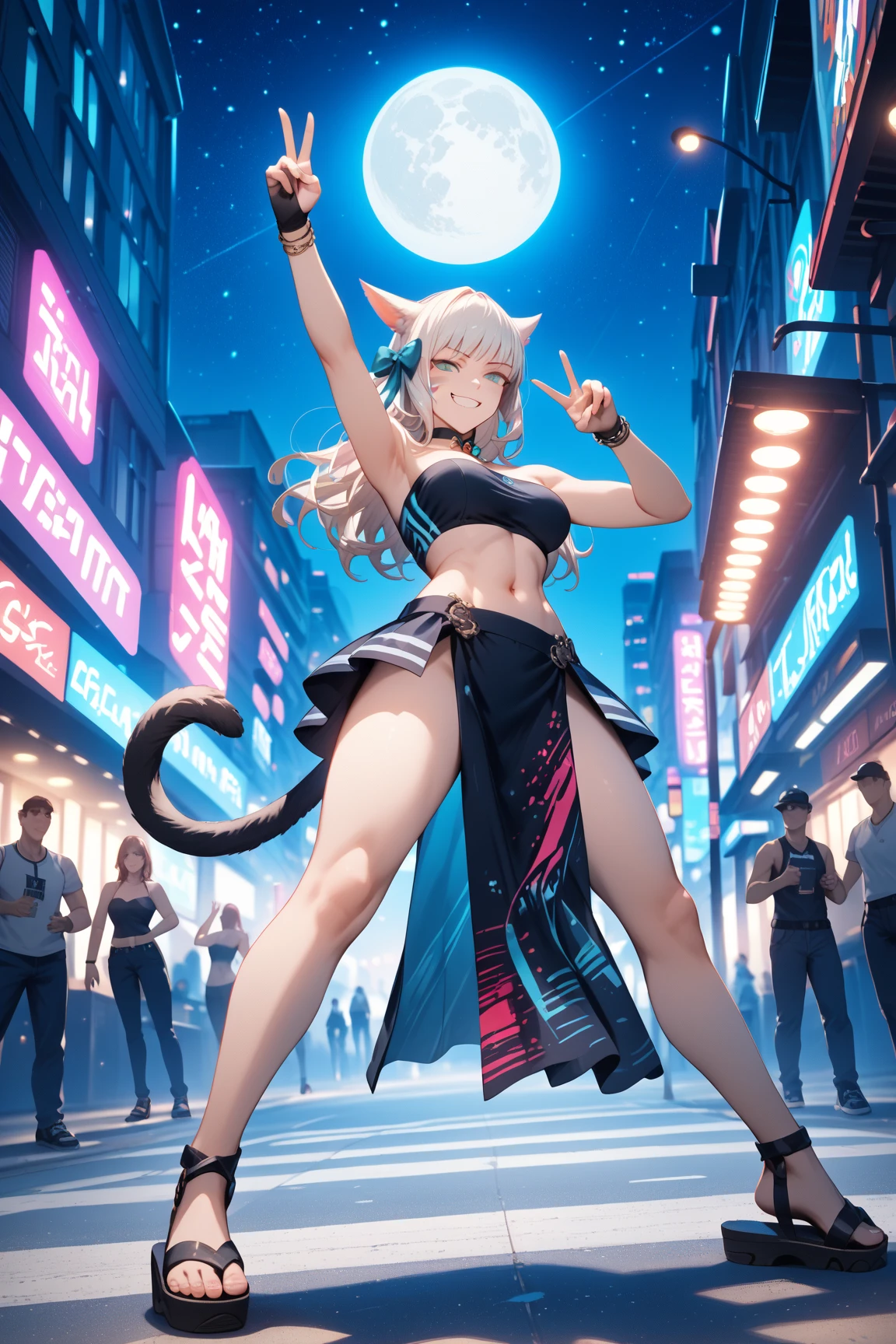 score_9, score_8_up, score_7_up, 4k, award winning, Expressiveh, Low angle, 1girl, smug grin, miqo'te, cat ears, white long hair, High-energy dance battle in street art style, vibrant graffiti, dynamic movements, dense urban setting, dncaf, bandeau, bridal gauntlets, skirt, pelvic curtain, sandals, bow, hair bow, hair bow, jewelry, bare shoulders, navel, midriff, bdancepxl, doing a handstand, one-handed, breakdance pose, gesture, peace sign, cheering, urban streetwear, night, street lights, starry sky, moon, neon lights, 