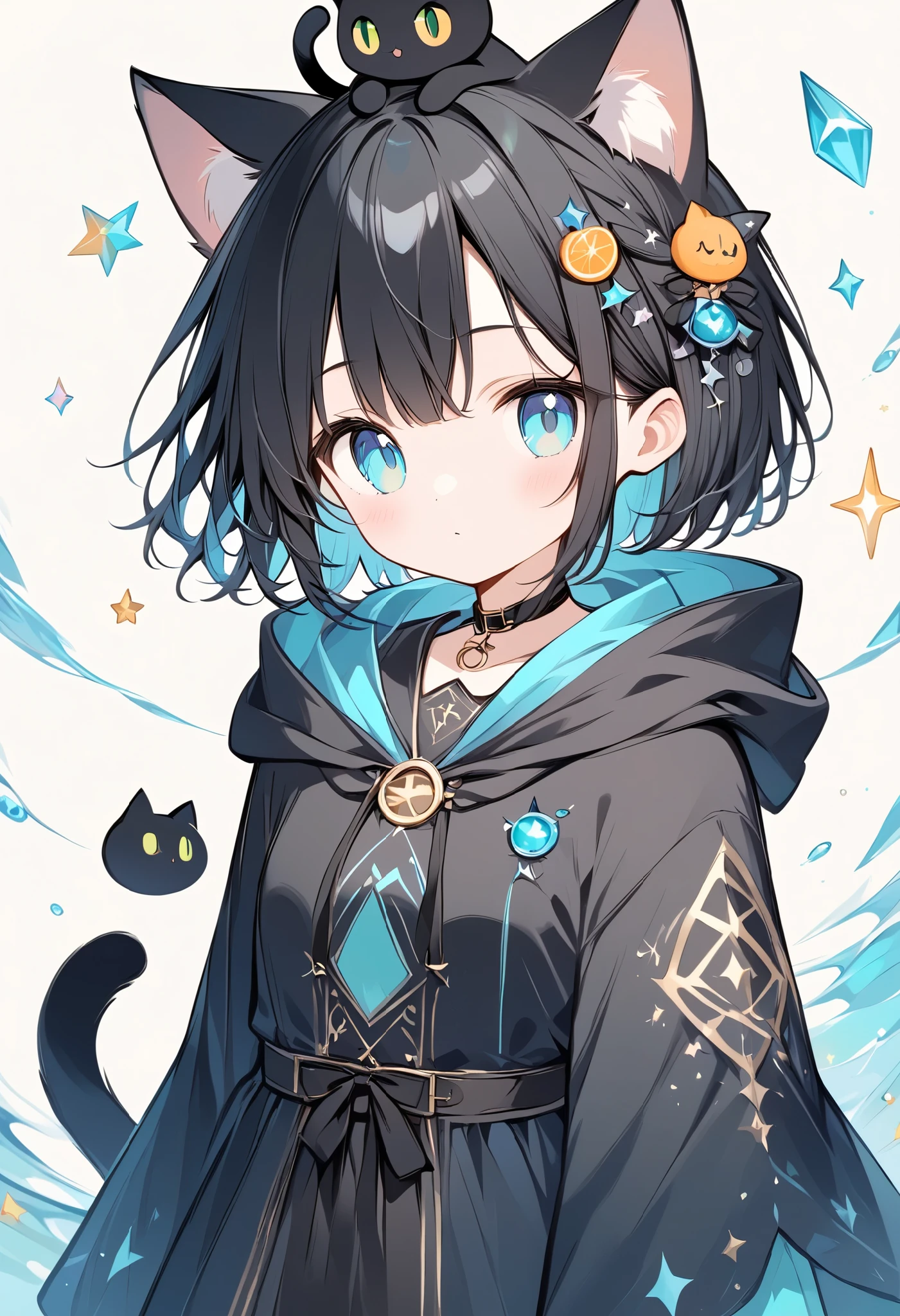 Soft colors、 thin and soft painting style、Black cat girl 、Black Hair、Cat ears、 short hair、Aquamarine Eyes、black hooded robe 、 with a black cat on the head、cute、Black Cat Wizard 