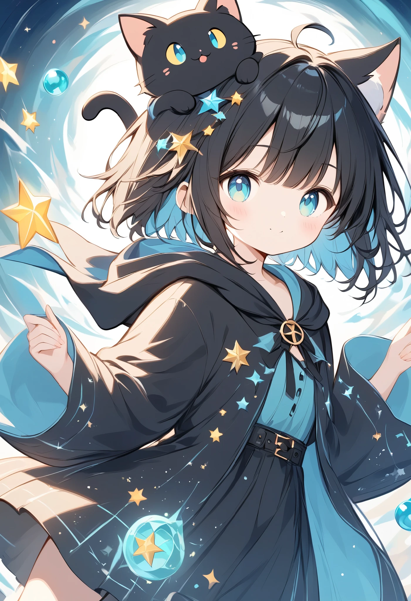 Soft colors、 thin and soft painting style、Fluffy work 、Black cat girl 、Black Hair、Cat ears、 short hair、Aquamarine Eyes、black hooded robe 、A black cat is on my head、cute、Black Cat Wizard 