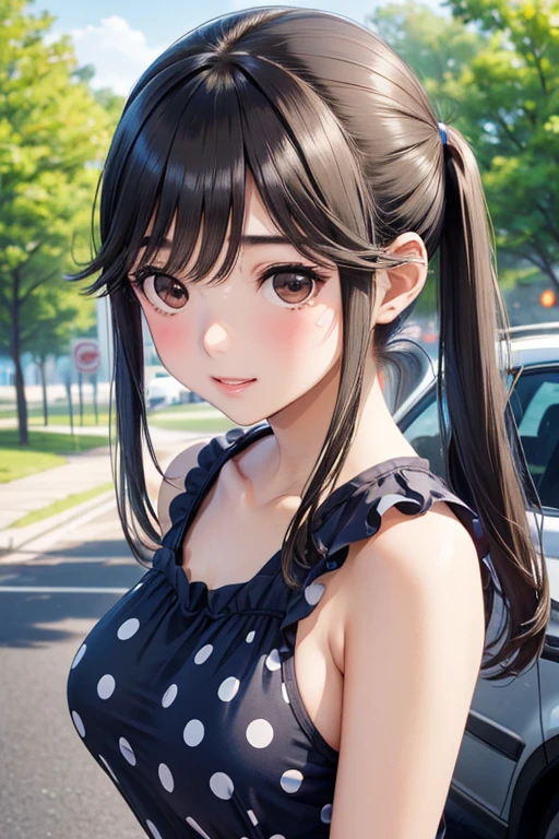 Takane Manaka、 Shiny brown long hair、白いリボンの ponytails,美しい Brown Eyes 、smile、Sparkling Eyes, (fine grain)、 very detailed eyes、 very detailed face ,  very detailed eyes, masterpiece, Best Quality,  Hi-Res, (Best Quality,masterpiece:1.2),Alone,Alone、 cowboy shots、


Pretty Japanese High School Girl , breast,  Viewers, bangs, large breast, ,  Red Polka Dot Camisole Mini Dress,  clevis,  Brown Eyes ,  ponytails, Outdoor,  solo focus , Blur, lips, Blur background, Arms on back, short dress,  polka dots , 地上car両, 自動car, Realistic, car, road, street,  polka dots  ドレス,(Best Qualityで最高の,4K,8k, Hi-Res,masterpiece:1.2),Super detailed,(,Realistically,Realistically:1.37),