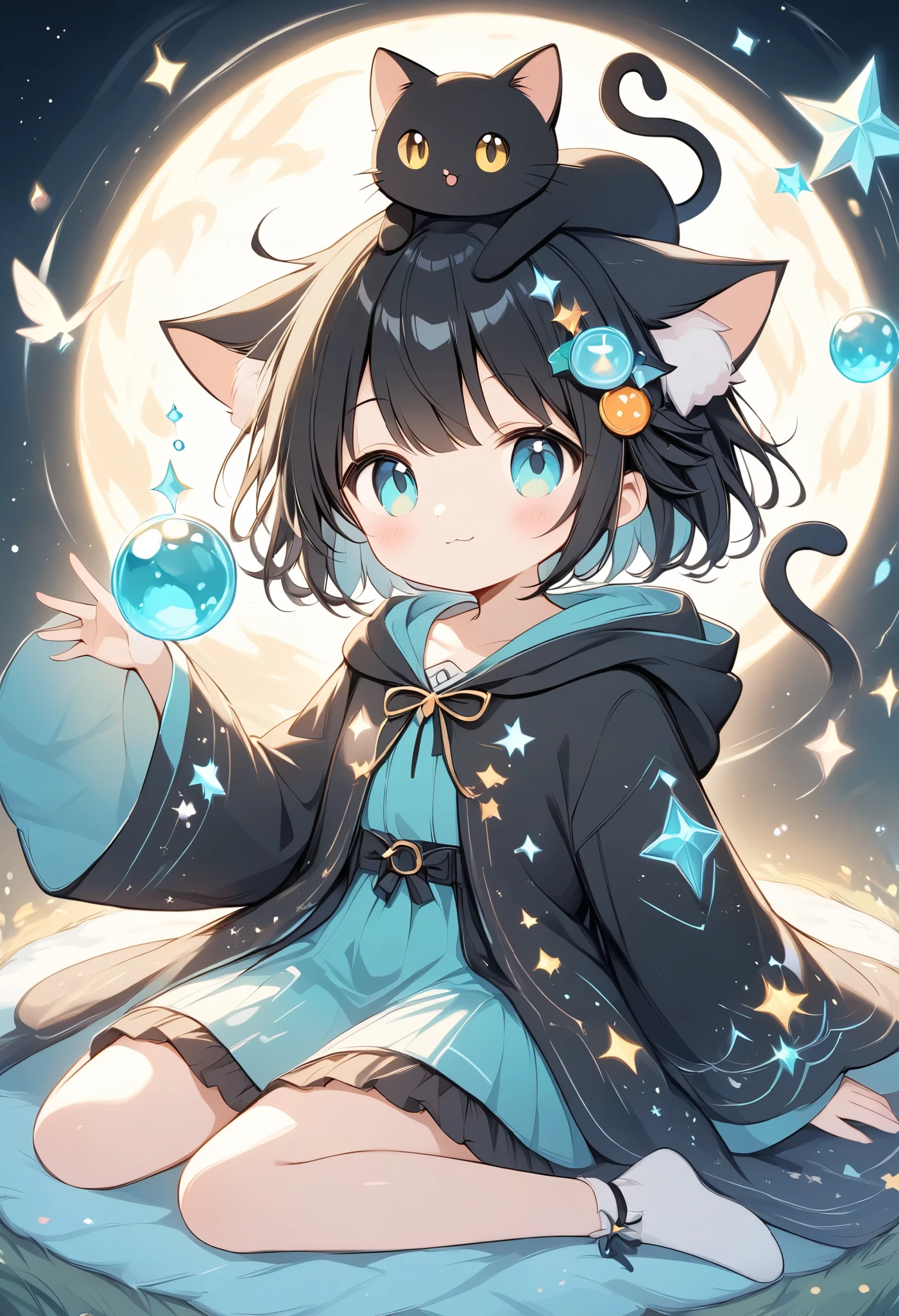 Soft colors、 thin and soft painting style、Fluffy work 、Black cat girl 、Black Hair、Cat ears、 short hair、Aquamarine Eyes、black hooded robe 、 with a black cat on the head、cute、Black Cat Wizard 