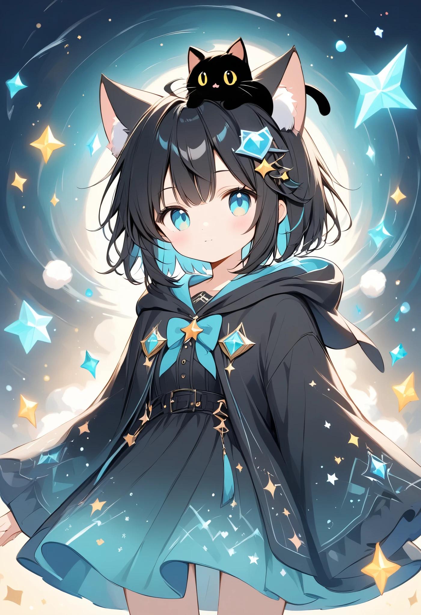 Soft colors、 thin and soft painting style、Fluffy work 、Black cat girl 、Black Hair、Cat ears、 short hair、Aquamarine Eyes、black hooded robe 、A black cat is on my head、cute、Black Cat Wizard 