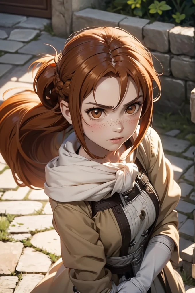 Beautiful 20 year old european woman with dark auburn hair, bangs, short hair, braided updo, freckles, dimples: 1.3, hazel eyes, high quality, high detail, perfect features, perfect face, caught in sword art online, wielding a claymore, determined look, action pose