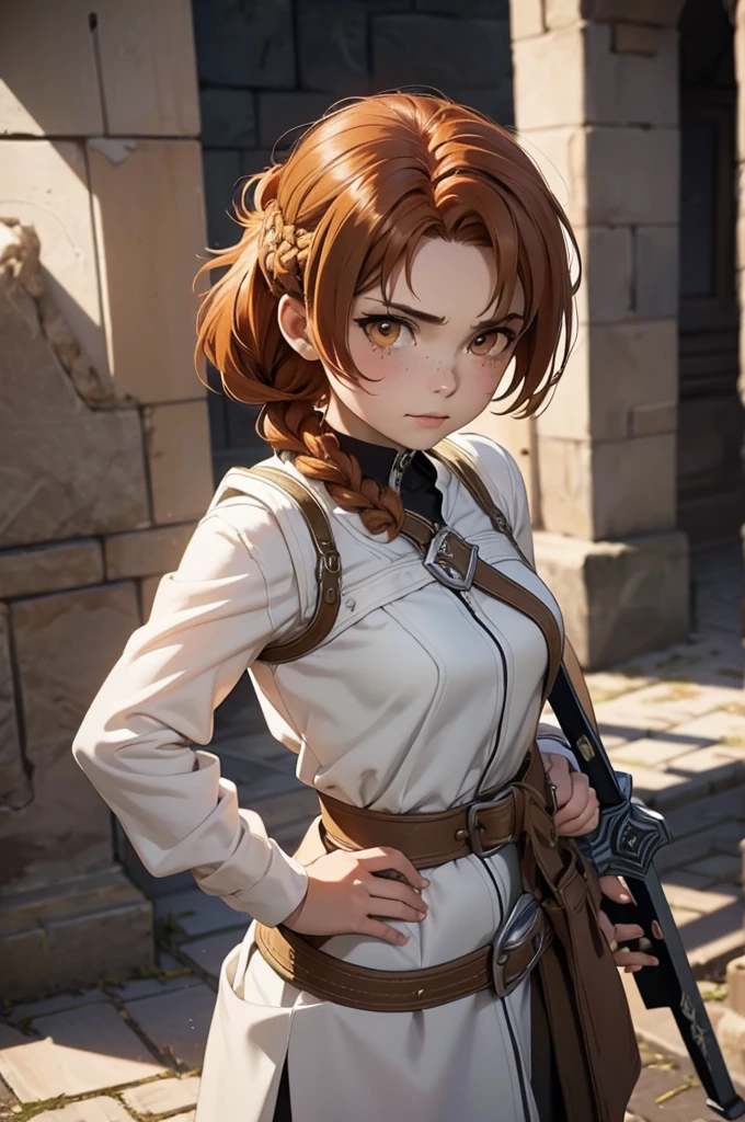 Beautiful 20 year old european woman with dark auburn hair, bangs, short hair, braided updo, freckles, dimples: 1.3, hazel eyes, high quality, high detail, perfect features, perfect face, caught in sword art online, wielding a claymore, determined look, action pose