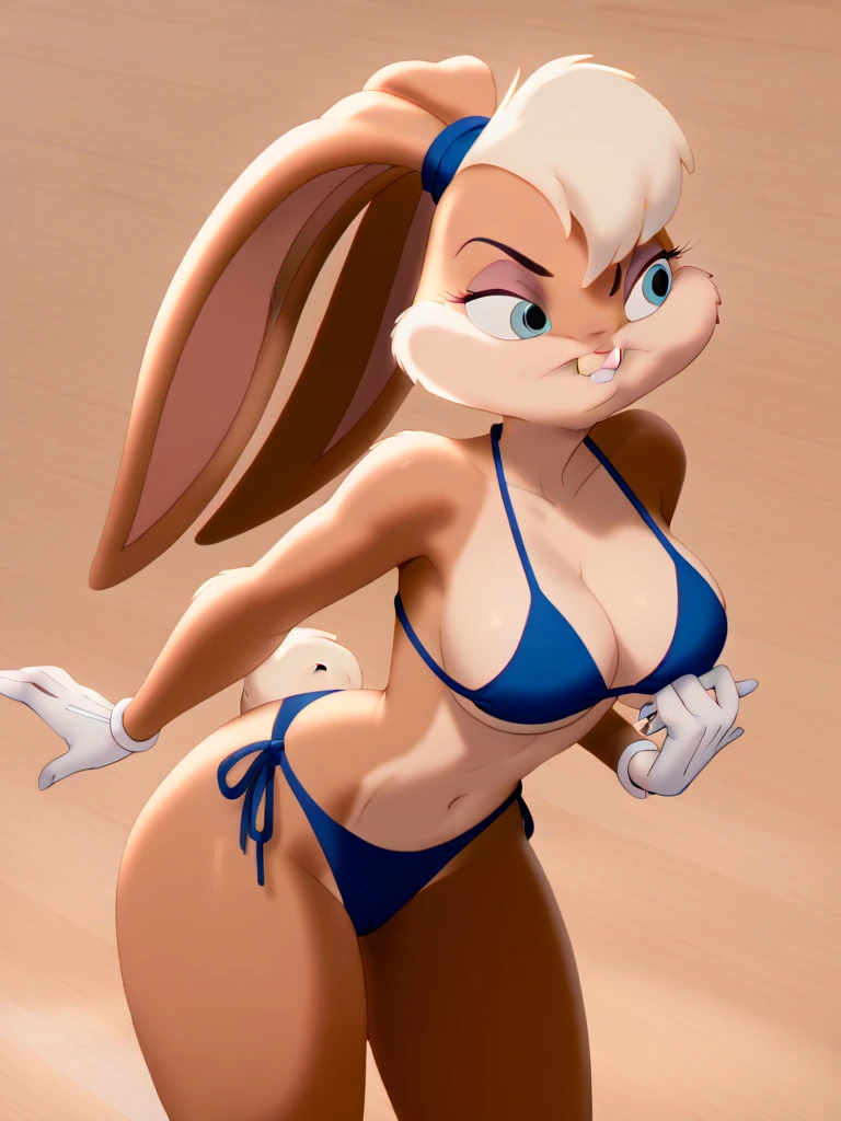 lolabunny, 1girl, solo, furry female, rabbit ears, rabbit girl, animal nose, ,  blue eyes, body fur, standing, tail , buck teeth,Large breasts, bikini 