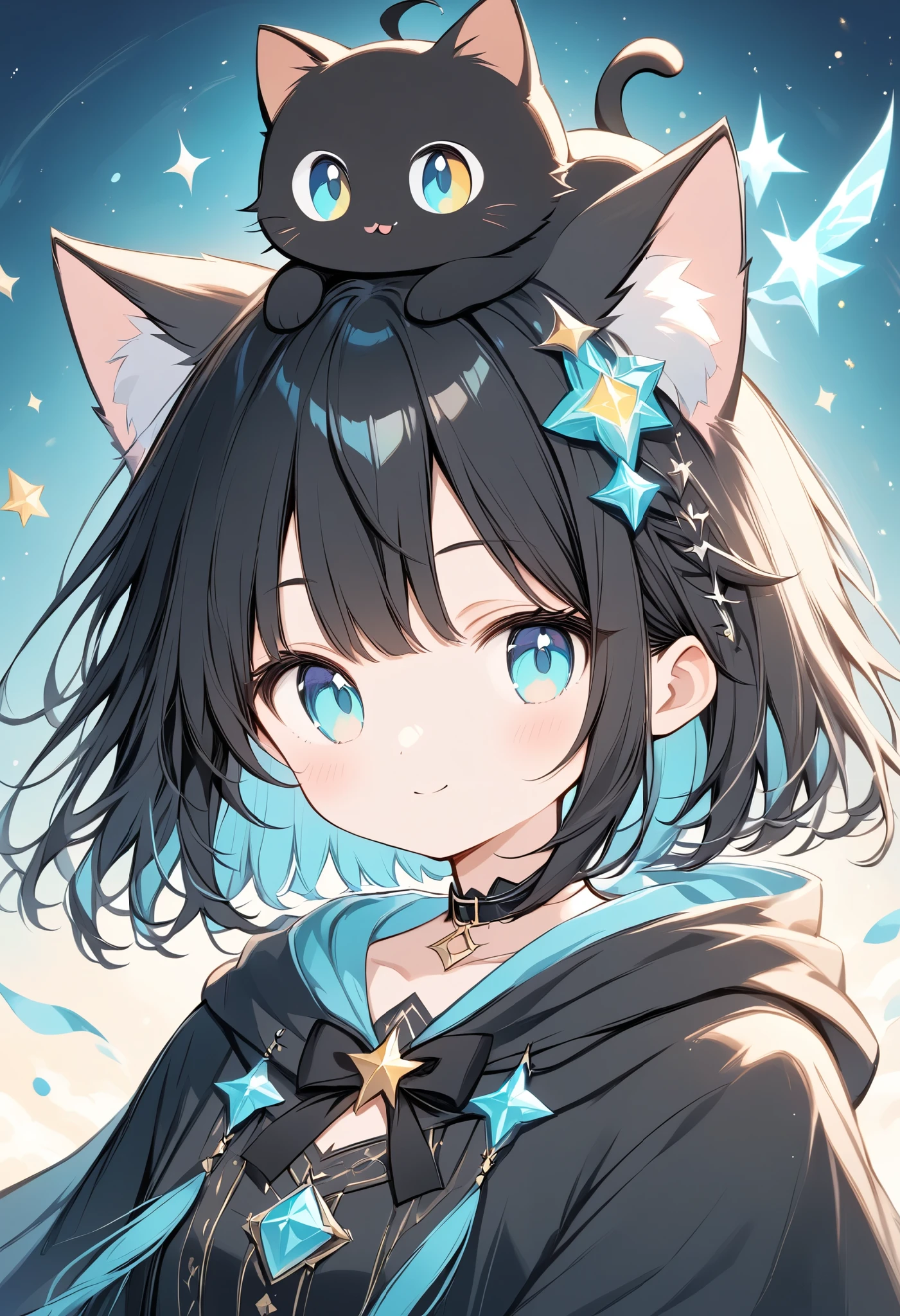 Soft colors、 thin and soft painting style、Fluffy work 、Black cat girl 、Black Hair、Cat ears、 short hair、Aquamarine Eyes、black hooded robe 、 with a black cat on the head、cute、Black Cat Wizard , black ribbon