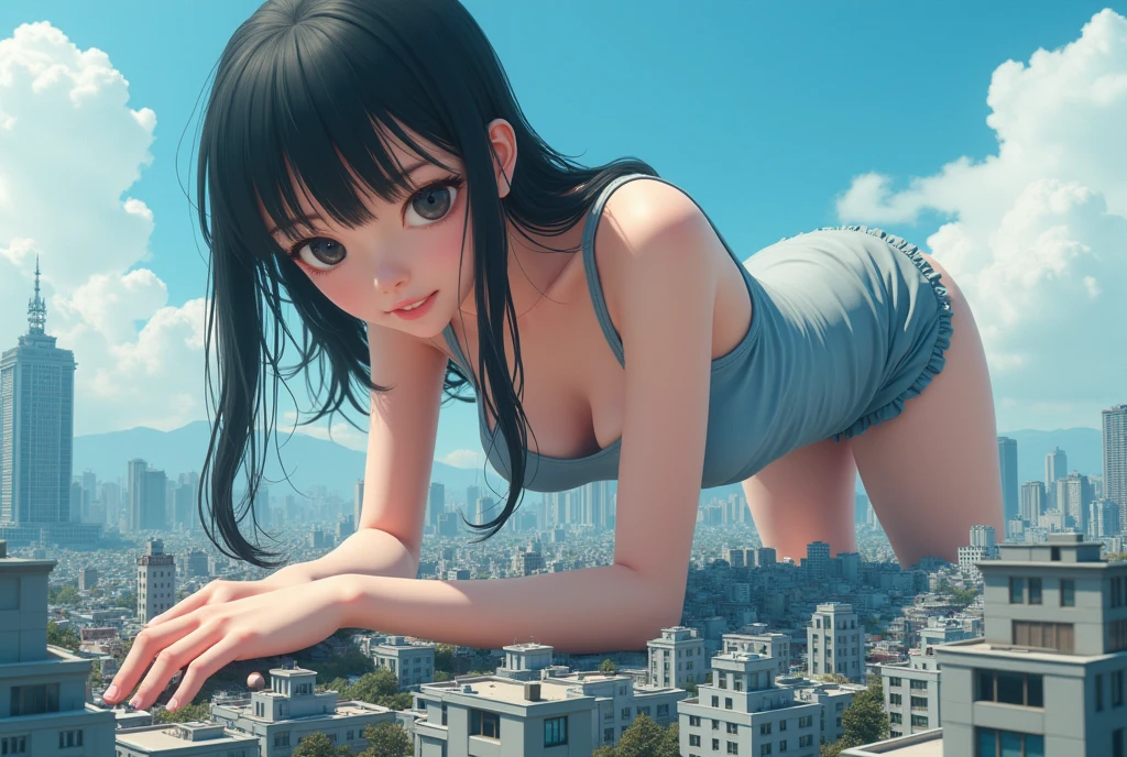 girl in summer clothes, jeans, squatting on the ground, black pantyhose, making as if she wants to kiss you, view from the viewer, long mid hair, medium breasts, cleavage, cityscape, flirtatious look, ((very detailed)), (perfectly detailed face), (well detailed hand) photorealistic image.