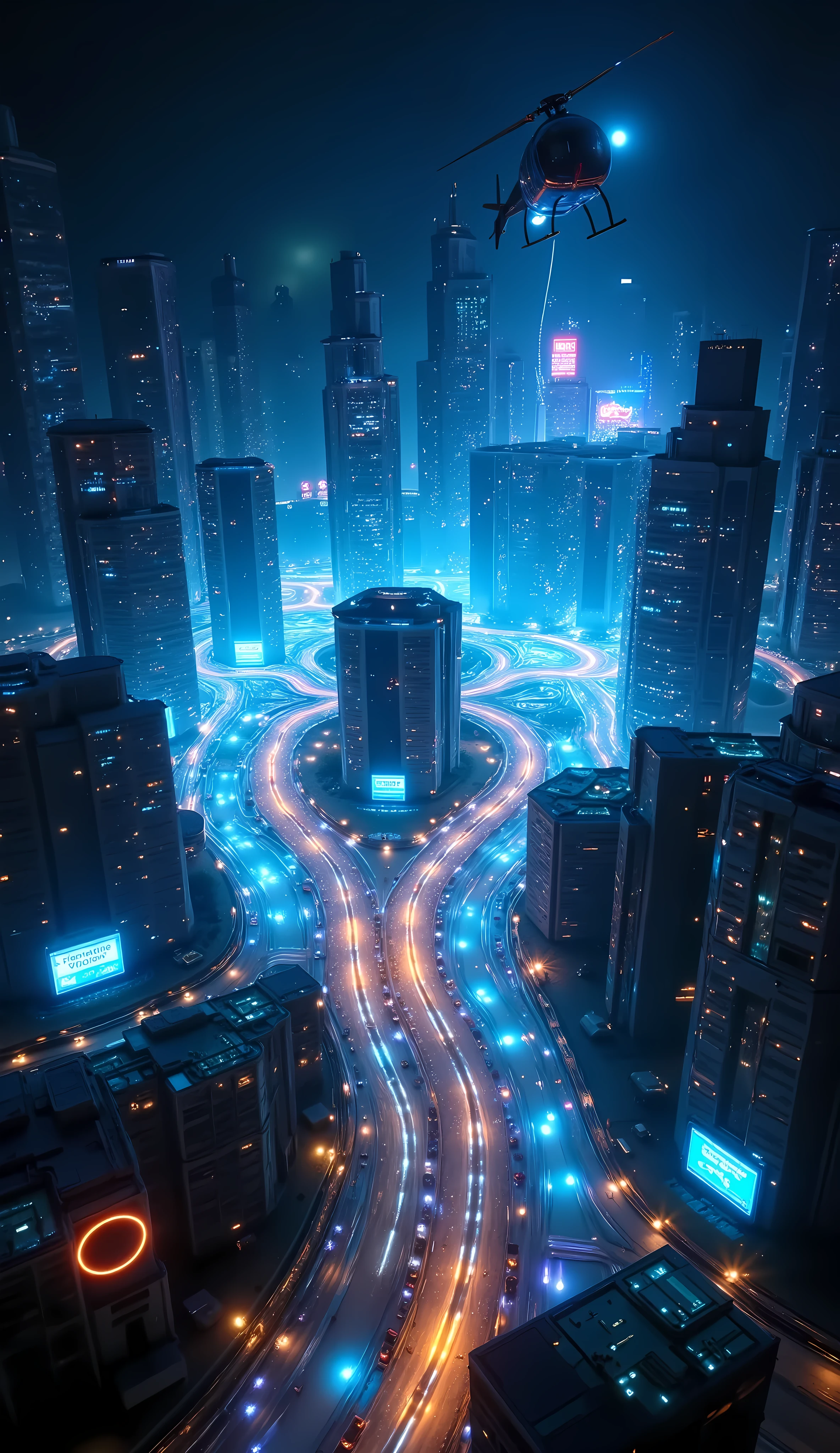 Neon city at night seen from a helicopter