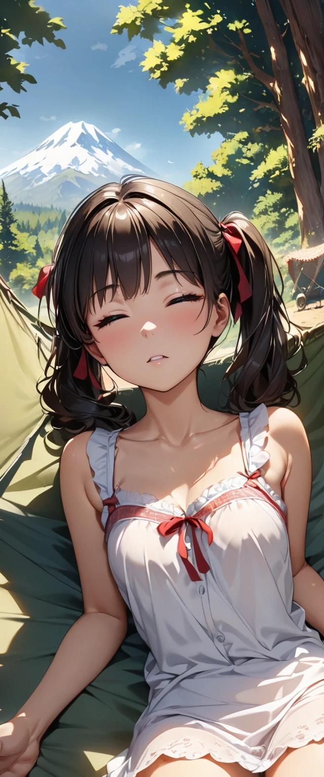 (best quality,4k,8k,highres,masterpiece:1.2),ultra-detailed,(realistic,photorealistic,photo-realistic:1.37),HDR,UHD,studio lighting,extreme detail description,professional,vivid colors,bokeh,beautiful young woman,long flowing black hair,[tent],[sexy lingerie],[mischievous],[looking at viewer],[outdoor],[cuckold camping scene implied]