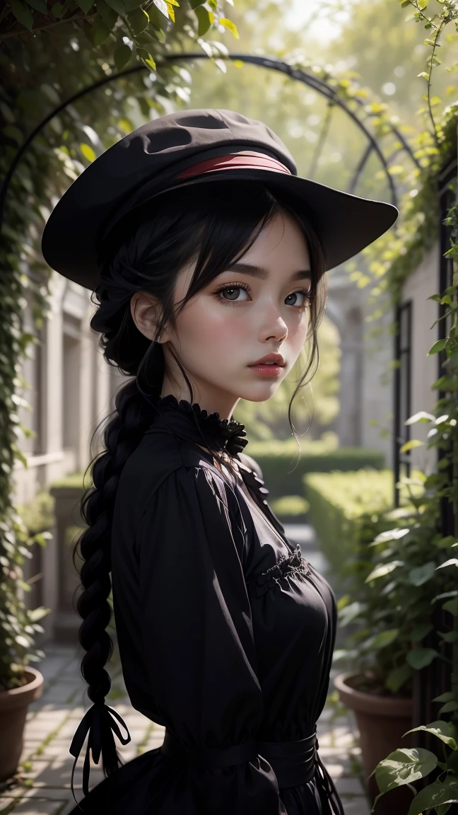  Neo-goth style girl , Wearing a black dress and a white collar, Wearing a black hat、 with heavy makeup ,  She's standing in an enigmatic garden 、 dark purple flowers are in full bloom in the garden surrounded by vines、Gothic architecture in the background, Girl's hair is black ,  her hair is long braided ,  red roses blooming next to her , Her eyes are sharp,  thick black eyeliner and long eyelashes ,  she has white skin  , Lips bright red,  The atmosphere is gloomy and eerie, Dim lighting casts long shadows,  digital illustration and photo collaboration ,  Dark red and purple exude intense beauty ,  overall style is neo-gothic ,   portrait photo with lots of ties,   creates a unique and fascinating visual experience 