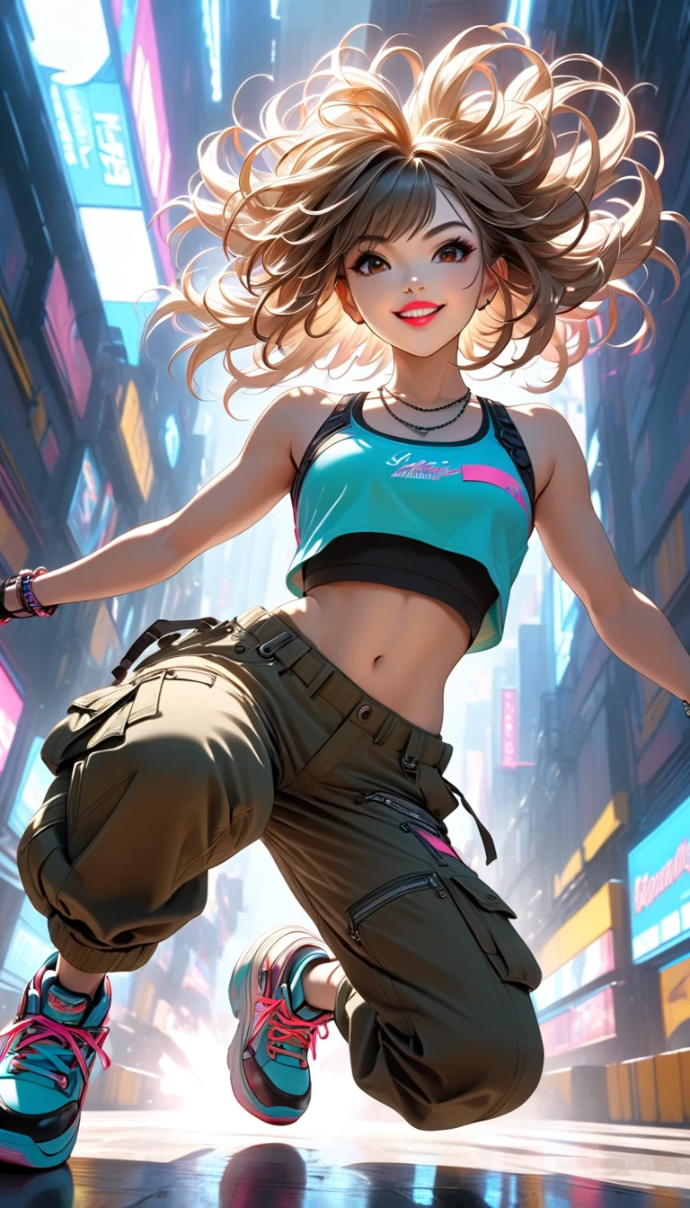 (masterpiece, best quality:1.2), A cute lady, solo, virtual idol of breakin dancer, power movements, strenuous movements, Dynamic Motion Blur, cyberpunk, bright smile, lips apart, (cyberpunk color short hair, Fluttering hair), brown eyes, (crop top, cargo pants, sneakers), atmosphere full of steam, low angle from below, professional lighting, Dynamic action scenes