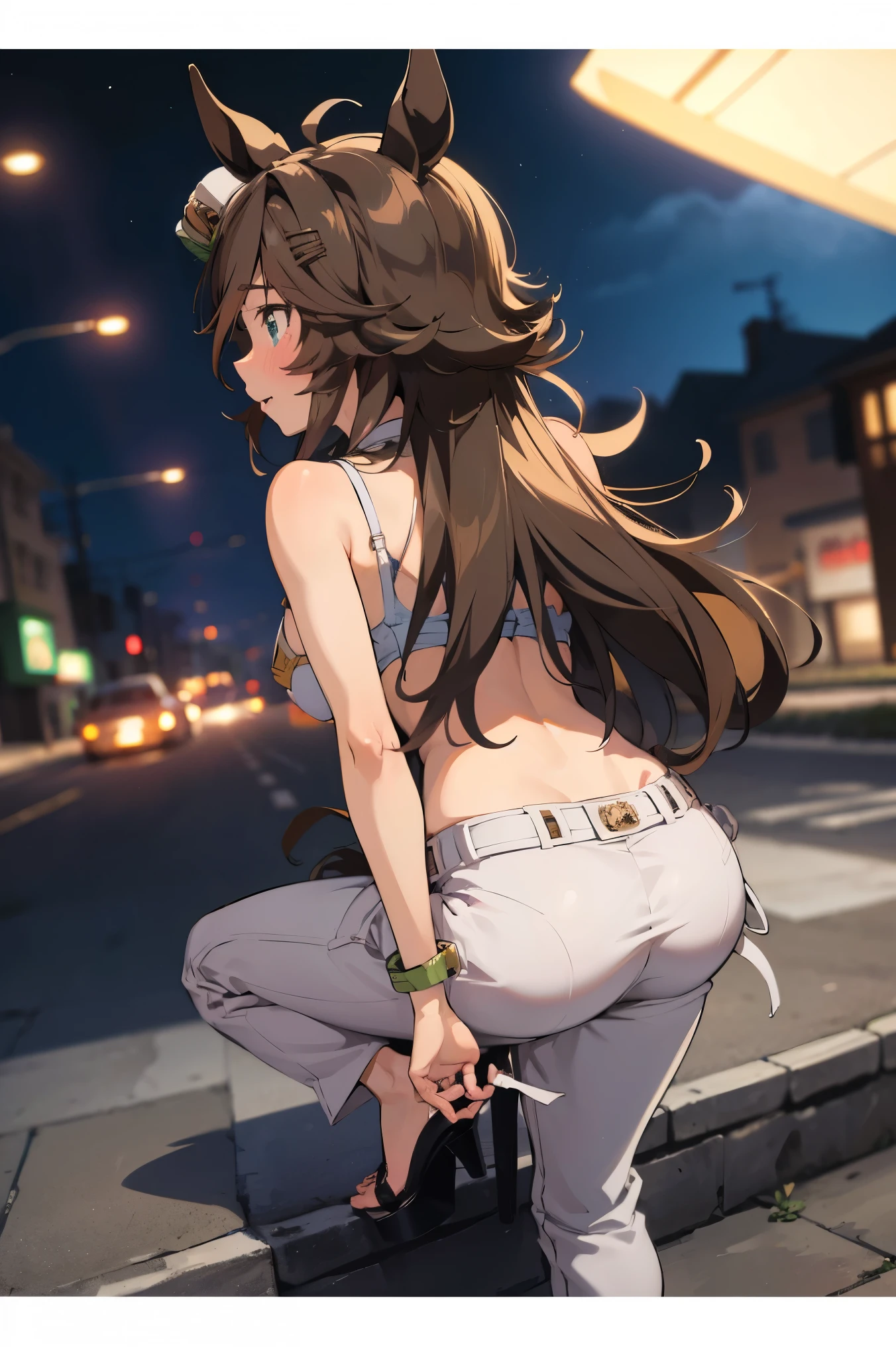 NSFW,masterpiece,Best Quality, Hi-Res, very detailed,mr. c.b. \(Uma Musume\),Embarrassed,blush,bikini,Heeled Sandals,Nightlife,Back alley at night,Take off your pants