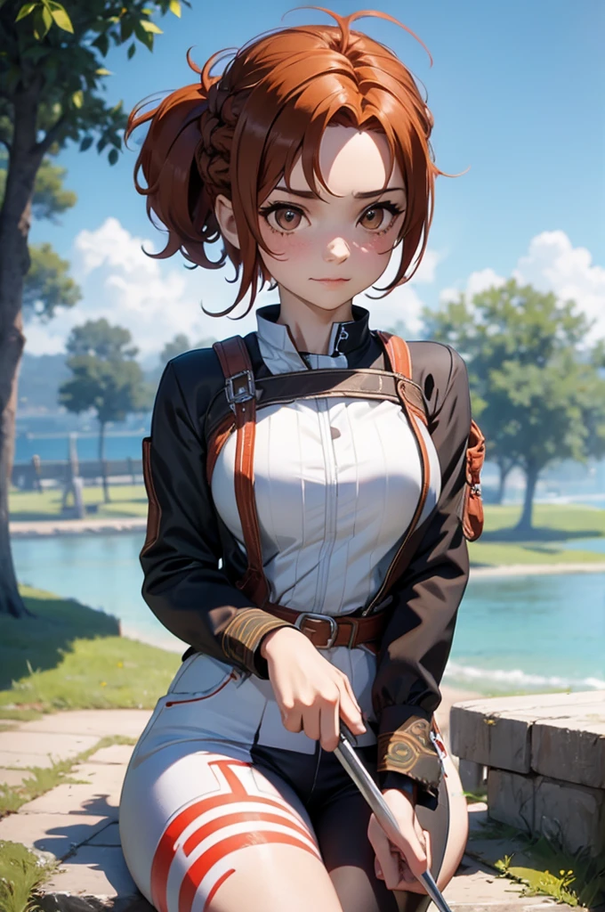 Beautiful 20 year old european woman with dark auburn hair, bangs, short hair, braided updo, freckles, dimples: 1.3, hazel eyes, high quality, high detail, perfect features, perfect face, caught in sword art online, holding a two handed sword in front of her, determined look, action pose