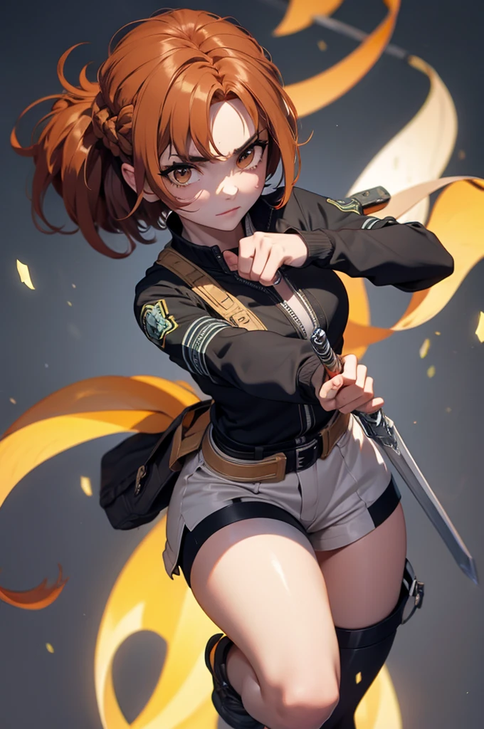 Beautiful 20 year old european woman with dark auburn hair, bangs, short hair, braided updo, freckles, dimples: 1.3, hazel eyes, high quality, high detail, perfect features, perfect face, caught in sword art online, holding a two handed sword in front of her, determined look, action pose