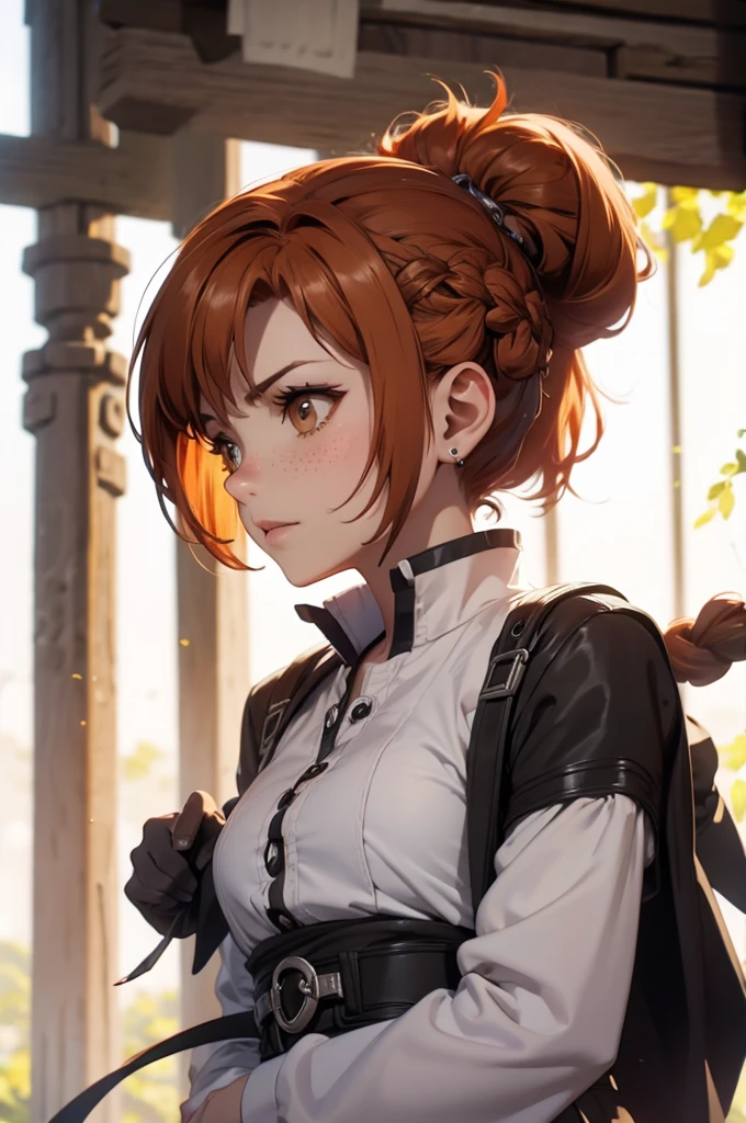 Beautiful 20 year old european woman with dark auburn hair, bangs, short hair, braided updo, freckles, dimples: 1.3, hazel eyes, high quality, high detail, perfect features, perfect face, caught in sword art online, holding a two handed sword in front of her, determined look, action pose