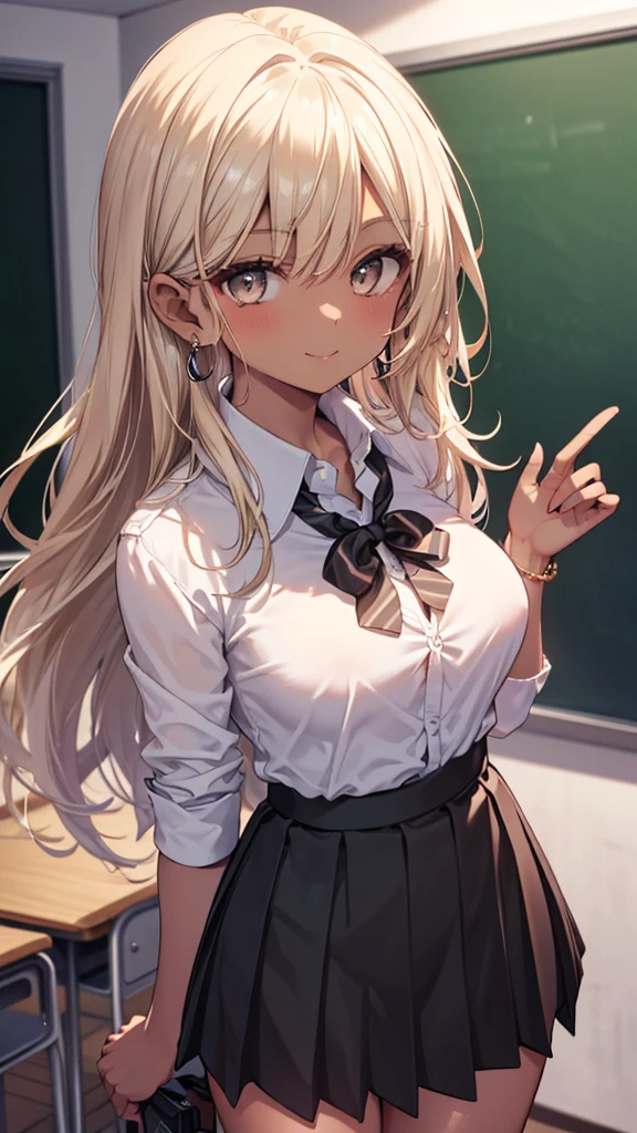 ((masterpiece、Highest quality、Very detailed))、One person、gyaru、((Brown skin:1.3))、Blonde、Long Hair、((forehead))、Grey Eyes、evil smile、((Grin))、((lots of piercing))、Large Breasts、((White collared shirt))、((clavicle))、((Black pleated skirt))、((micro miniskirt))、Cowboy Shot、Classroom Background