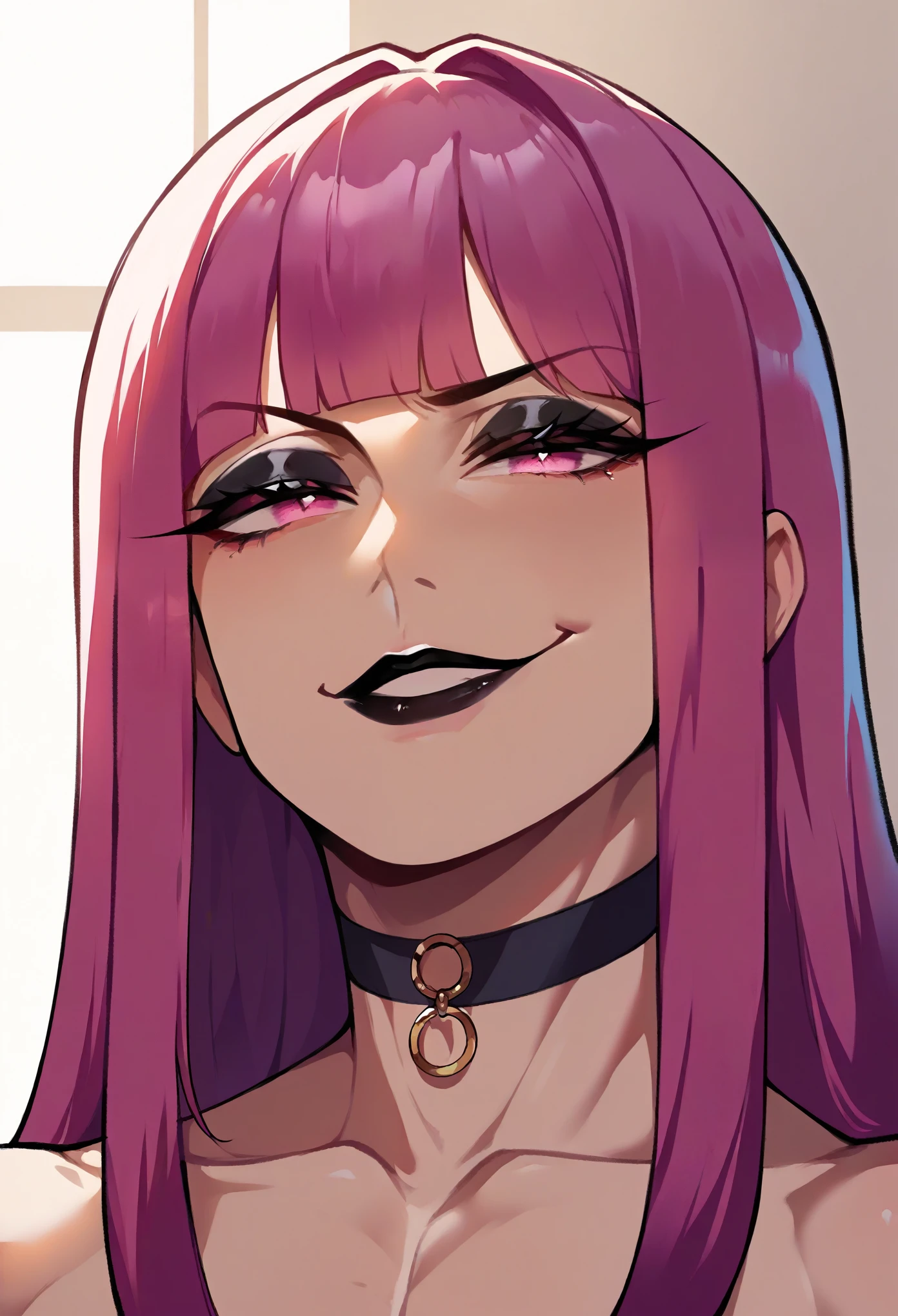 (score_9, score_8_up, score_7_up), (adult, 1femboy, seductive face, seductive expression), face close up, looking at viewer, devious, smile, holding huge dildo, licking dildo, magenta eyes, magenta long hair, bangs, toned, thick eyelashes, eyeliner, eyeshadow, manboobs, bra, indoors, bedroom, cinematic, source_anime, rating_explicit,