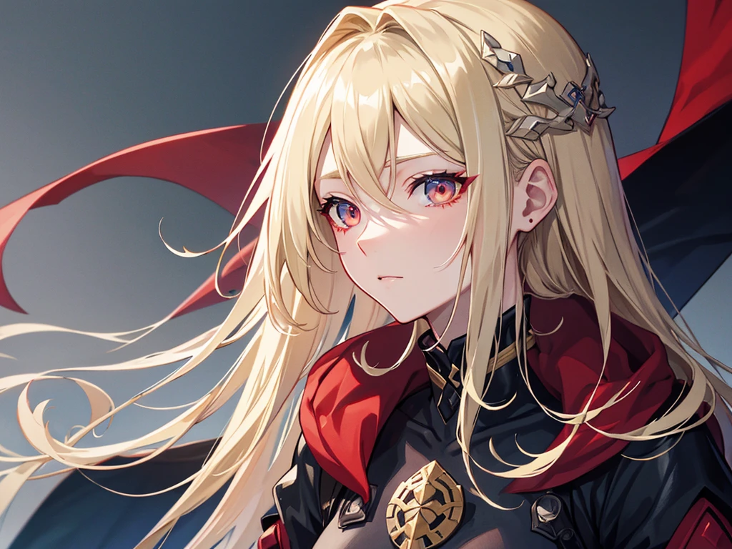 alone, male, Red coat, Red eyes , Straight Facial, short hair, With bangs, Blonde and gradient black striped color, Blood magic, Blood