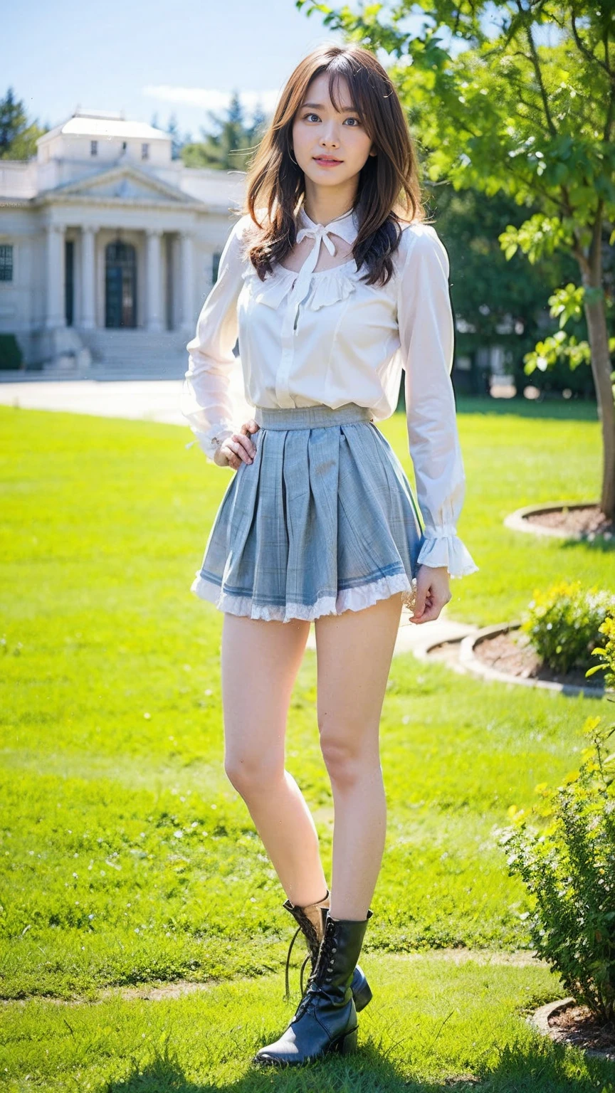 (8k、RAW Photos、Highest quality、masterpiece:1.2)、(Highest quality、Realistic)、1 Girl、((Frills、Line、Asymmetrical clothing、Lace Material、Twin tails、White and light blue、Anime Cosplay、Check mini skirt、Off the shoulder、Idol Costume、ribbon、See-through、Thin legs、whole body、boots、garden、View from the front、Looking into the camera、Stand with hands on hips))、cute