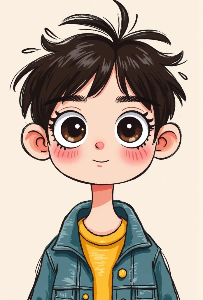   cartoon illustration of a cute boy , big eyes。Round eyes。 portrait，casual jacket
，cartoon doodle sketch :15 ， thick lines and solid color   ，messy black lines