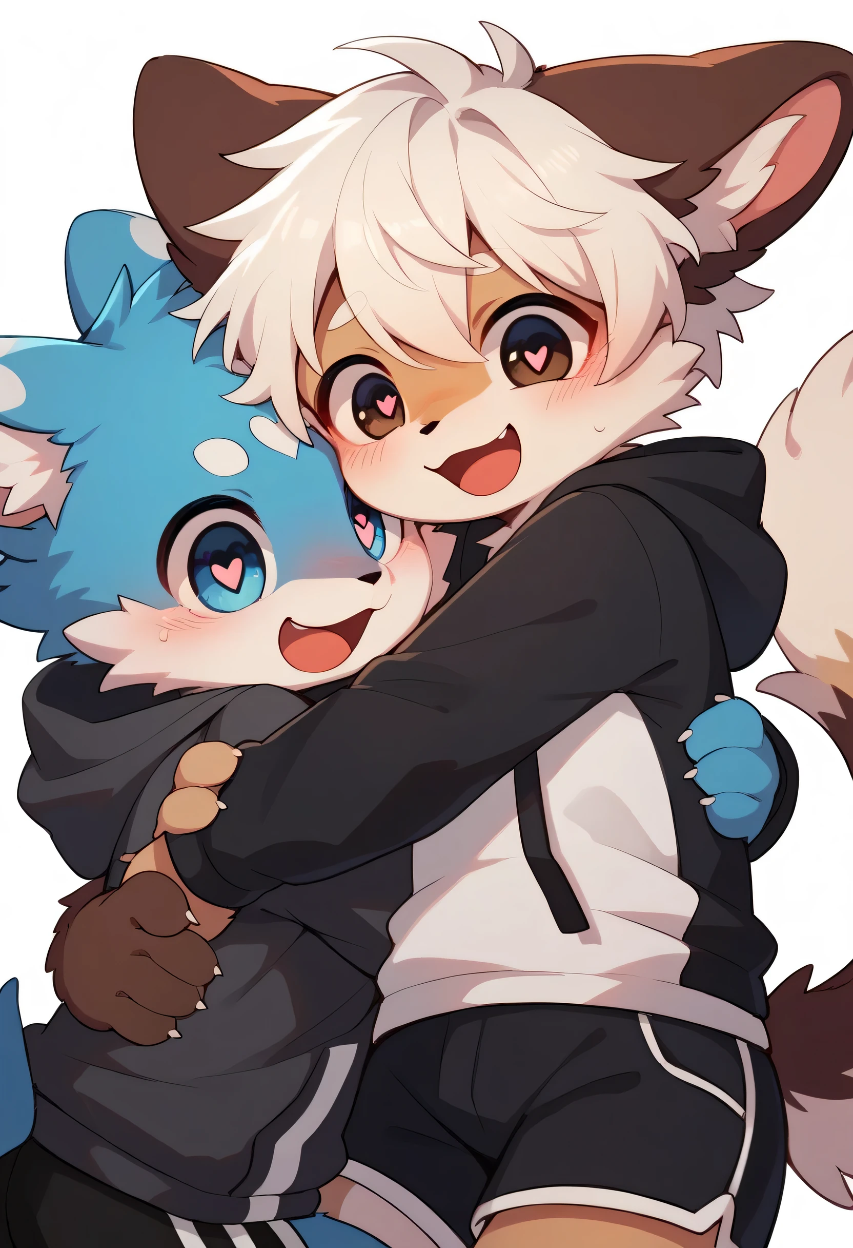  very detailedな, very detailed, white hair with brown fur ,Age 15,male, excited to see bones ,Excited,participate, cute face, fluffy fur like one,Horny boy, hugging a girl ,blue cute ears ,Fluffy Ears ,Fluffy Ears , cute fur boy , boy, heart eyes,Horny boy , black back ,White background, blush nose ,Droopy ears, black shorts, sweatshirt ,Black long sleeves,Trendy