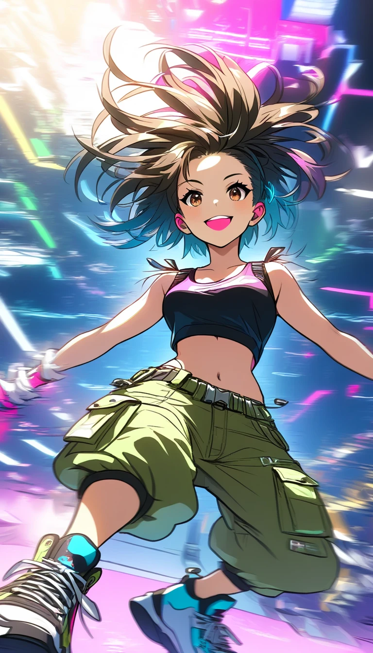 (masterpiece, best quality:1.2), A cute lady, solo, virtual idol of breakin dancer, power movements, strenuous movements, Dynamic Motion Blur, cyberpunk, bright smile, lips apart, (cyberpunk color short hair, Fluttering hair), brown eyes, (crop top, cargo pants, sneakers), atmosphere full of steam, low angle from below, professional lighting, Dynamic action scenes